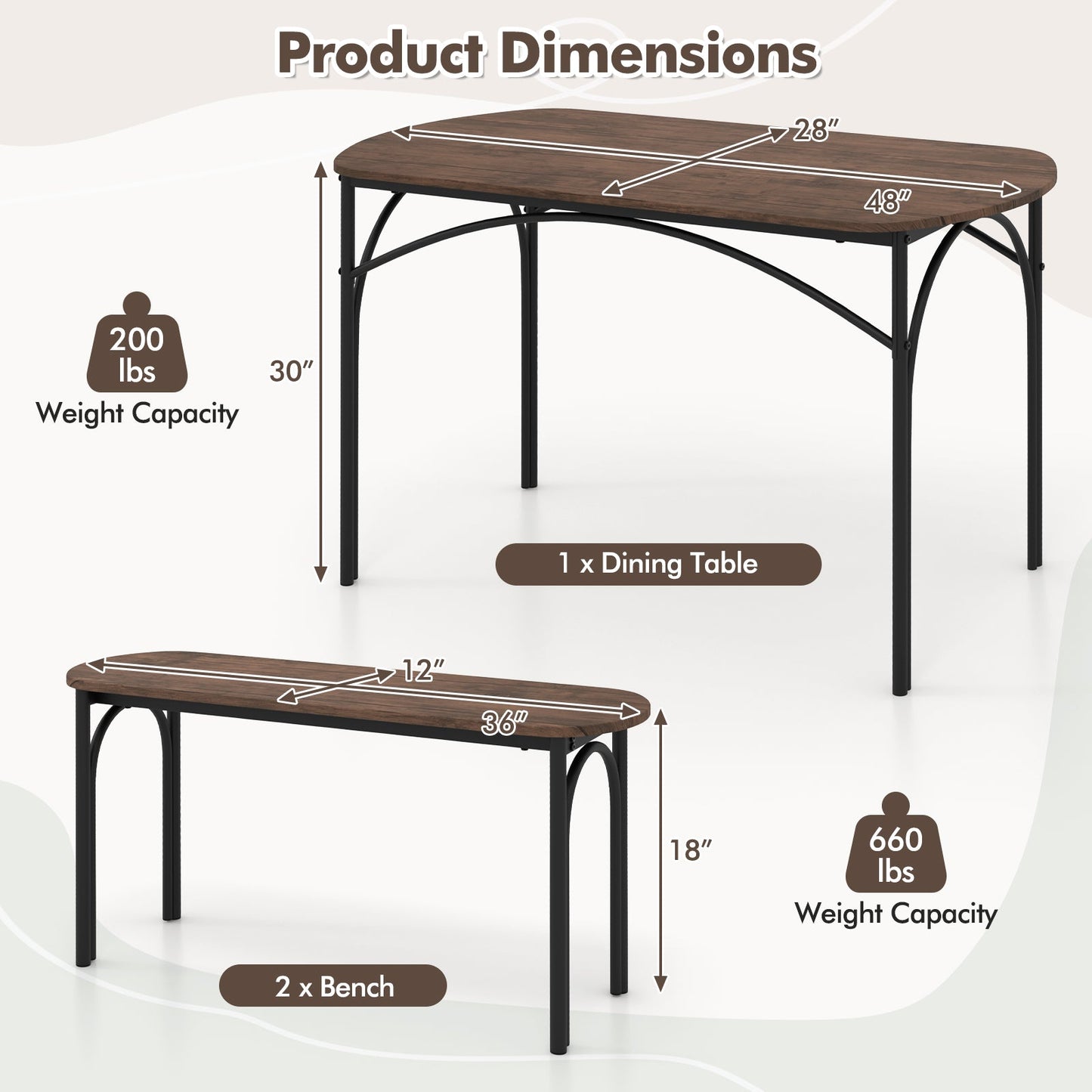 Juego de comedor de 3 piezas para 4 personas con estructura de metal-Marrón