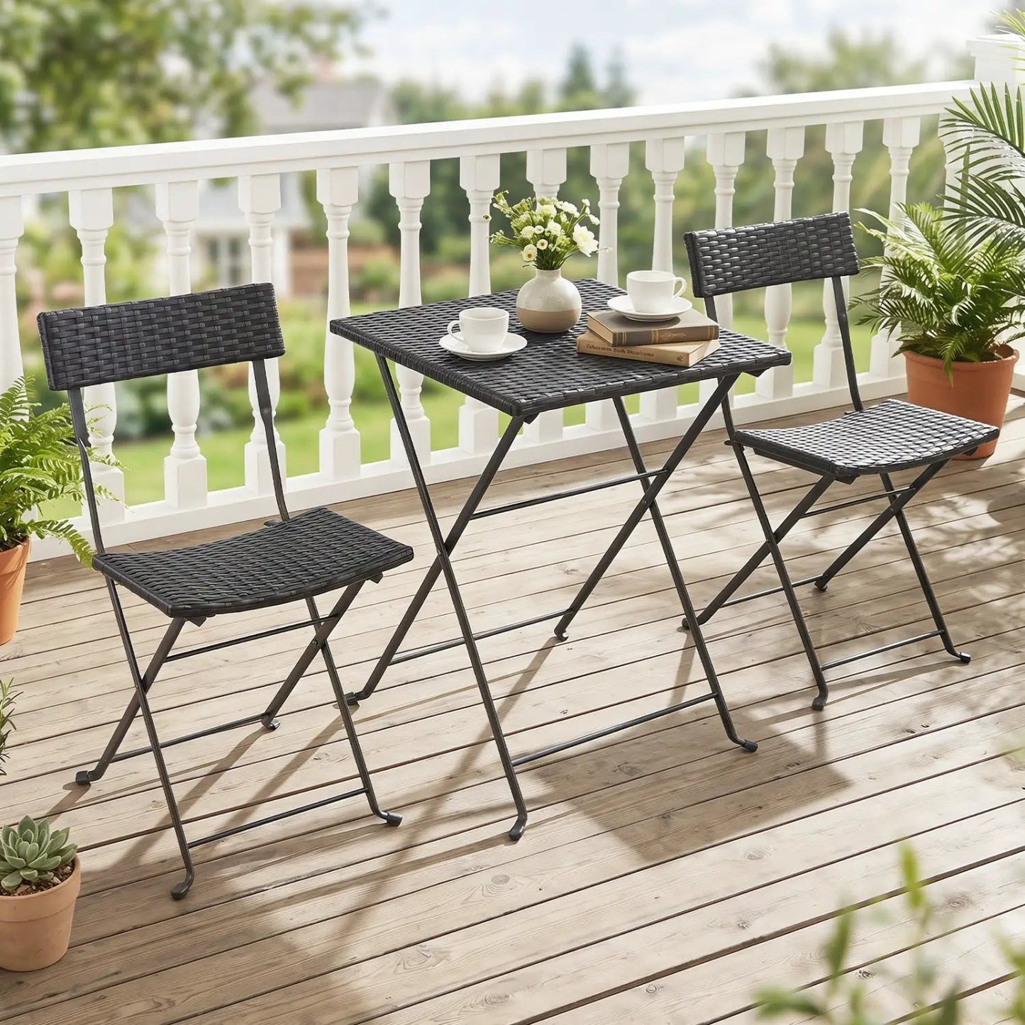 3-Piece Folding Bistro Set with PE Wicker and Metal Frame