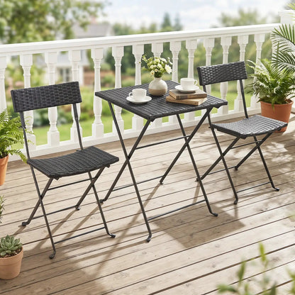 3-Piece Folding Bistro Set with PE Wicker and Metal Frame