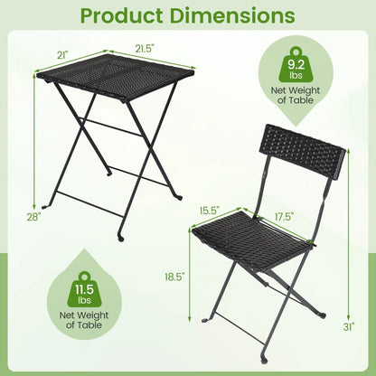 3-Piece Folding Bistro Set with PE Wicker and Metal Frame