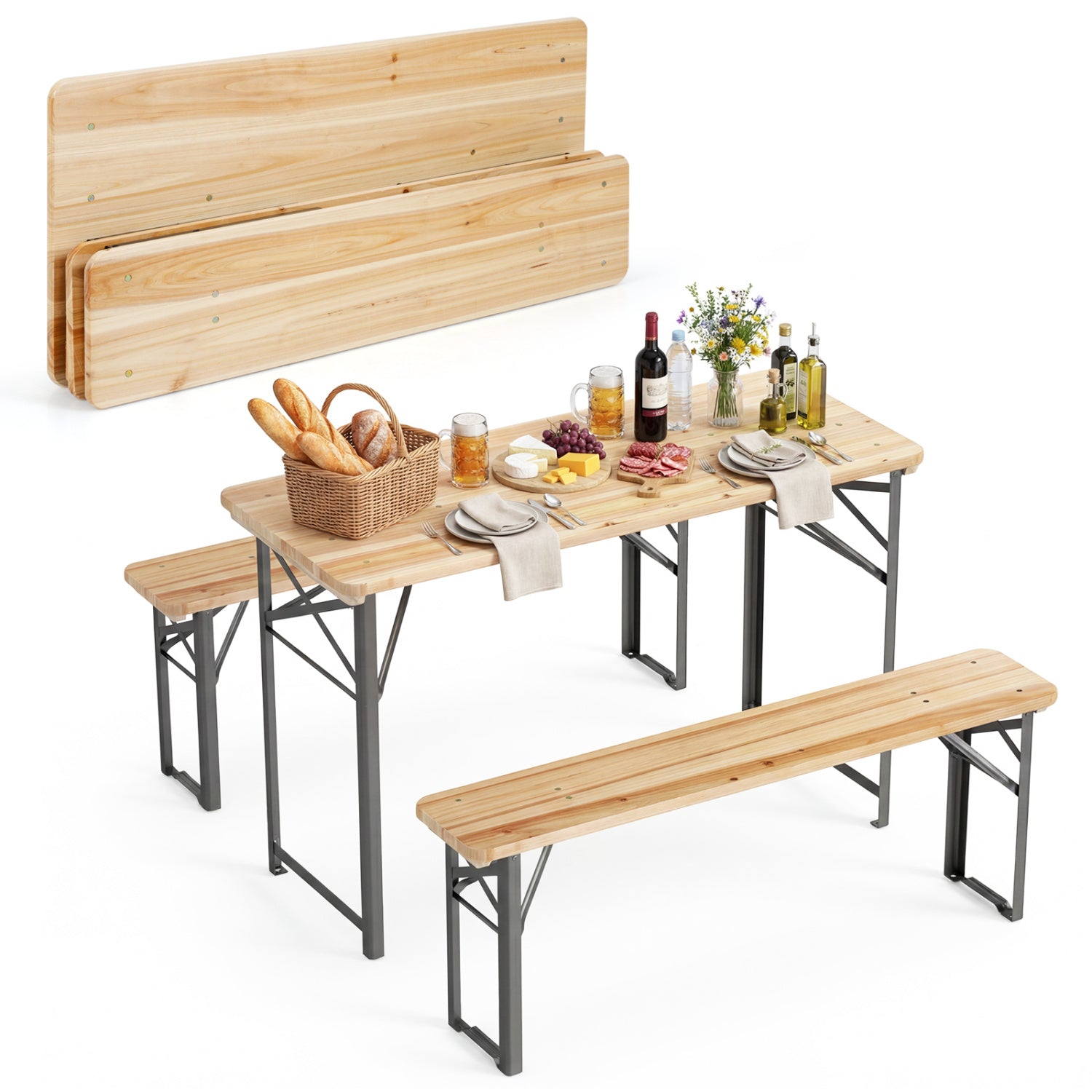 GemGear 3-Piece Folding Picnic Table with Benches in fir wood, portable camping set on Tampa Home & Garden Store