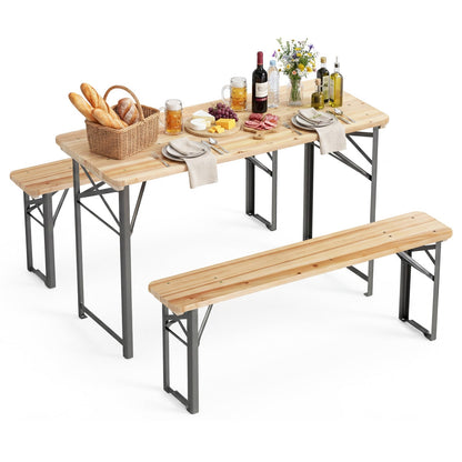 GemGear 3-Piece Folding Picnic Table with Benches, fir wood top, grey metal frame on Tampa Home & Garden Store