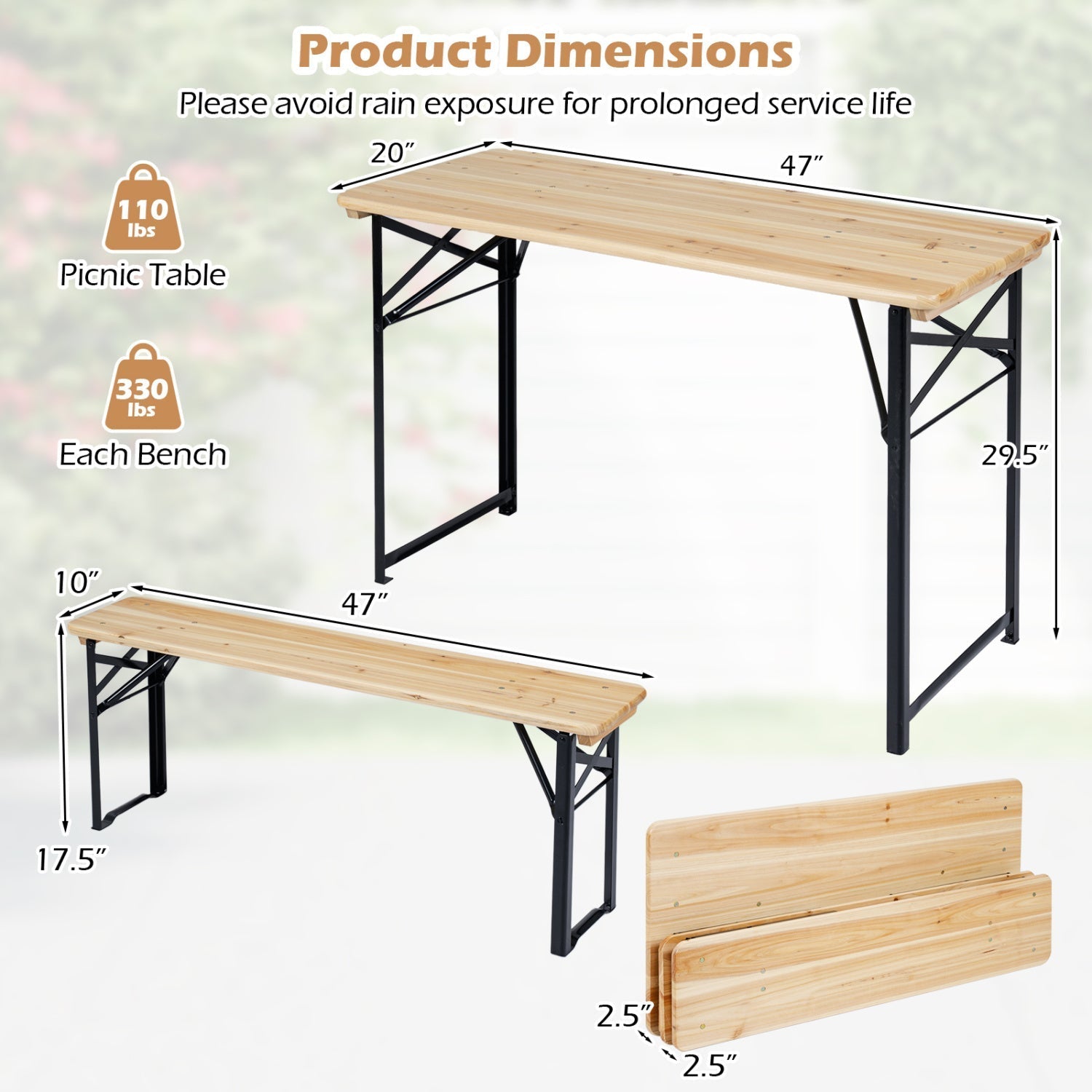 GemGear 3-Piece Folding Picnic Table with Benches, natural fir wood top, black metal frame on Tampa Home & Garden Store