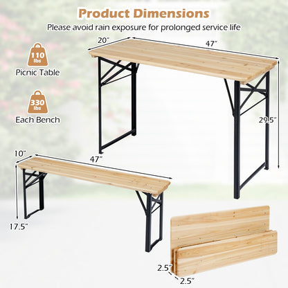 GemGear 3-Piece Folding Picnic Table with Benches, natural fir wood top, black metal frame on Tampa Home & Garden Store