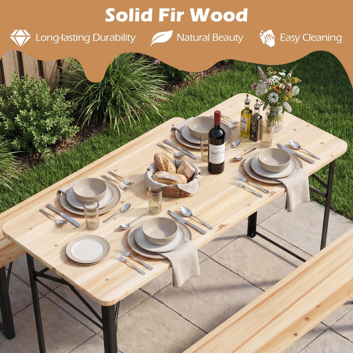 3-Piece Folding Picnic Table with Benches in natural fir wood for outdoor dining GemGear on Tampa Home & Garden Store