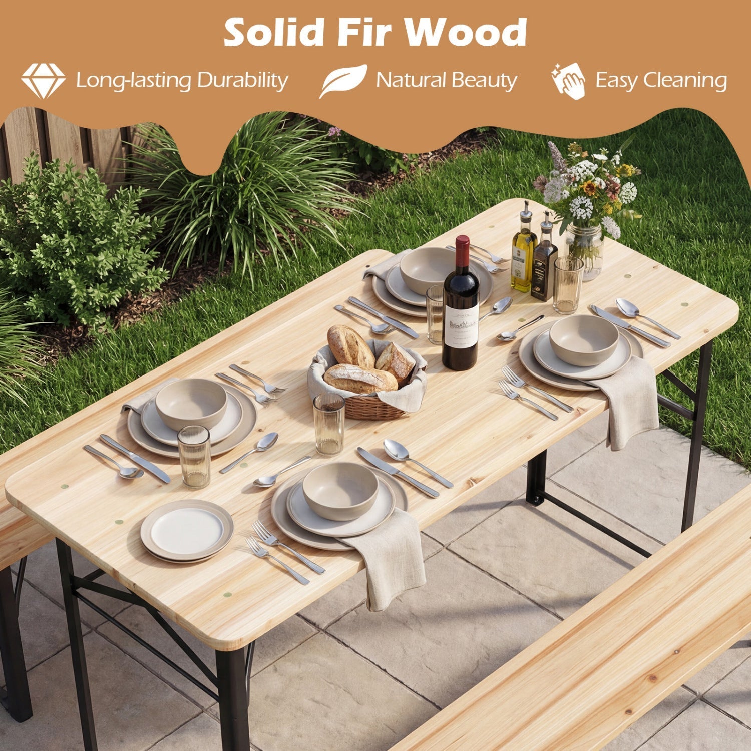 3-Piece Folding Picnic Table with Benches in natural fir wood for outdoor dining GemGear on Tampa Home & Garden Store