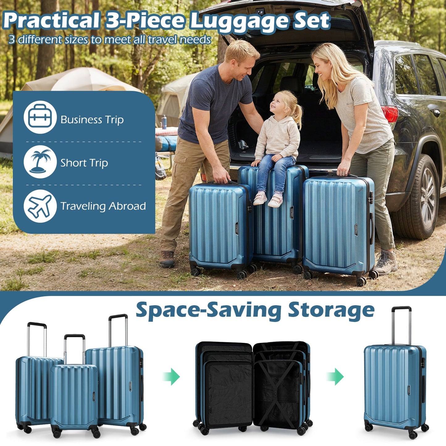 GemGear 3-Piece Hardside Luggage Set (20/24/28) lightweight with 3-Digital Lock, blue suitcases on wheels on Tampa Home & Garden Store