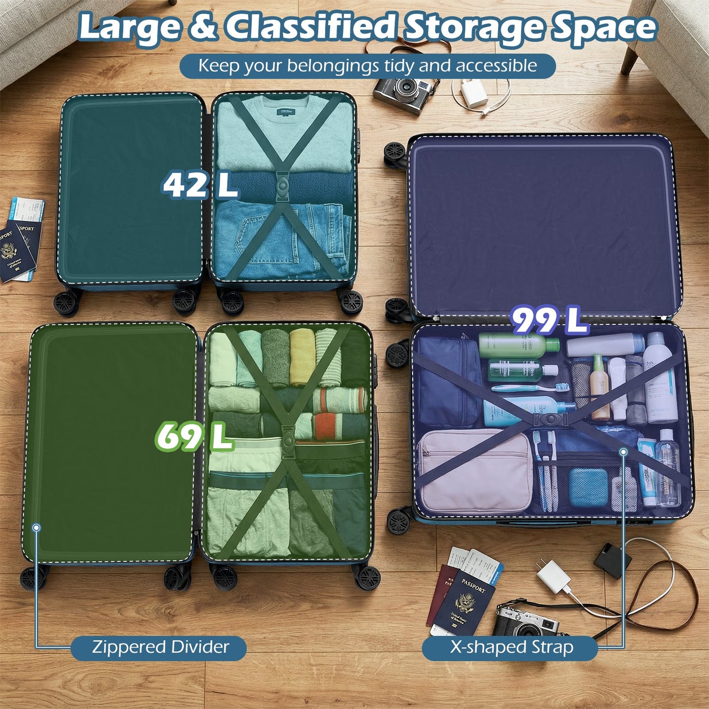GemGear 3-Piece hardside luggage set open with cross straps and dividers in teal, 20/24/28 in on Tampa Home & Garden Store