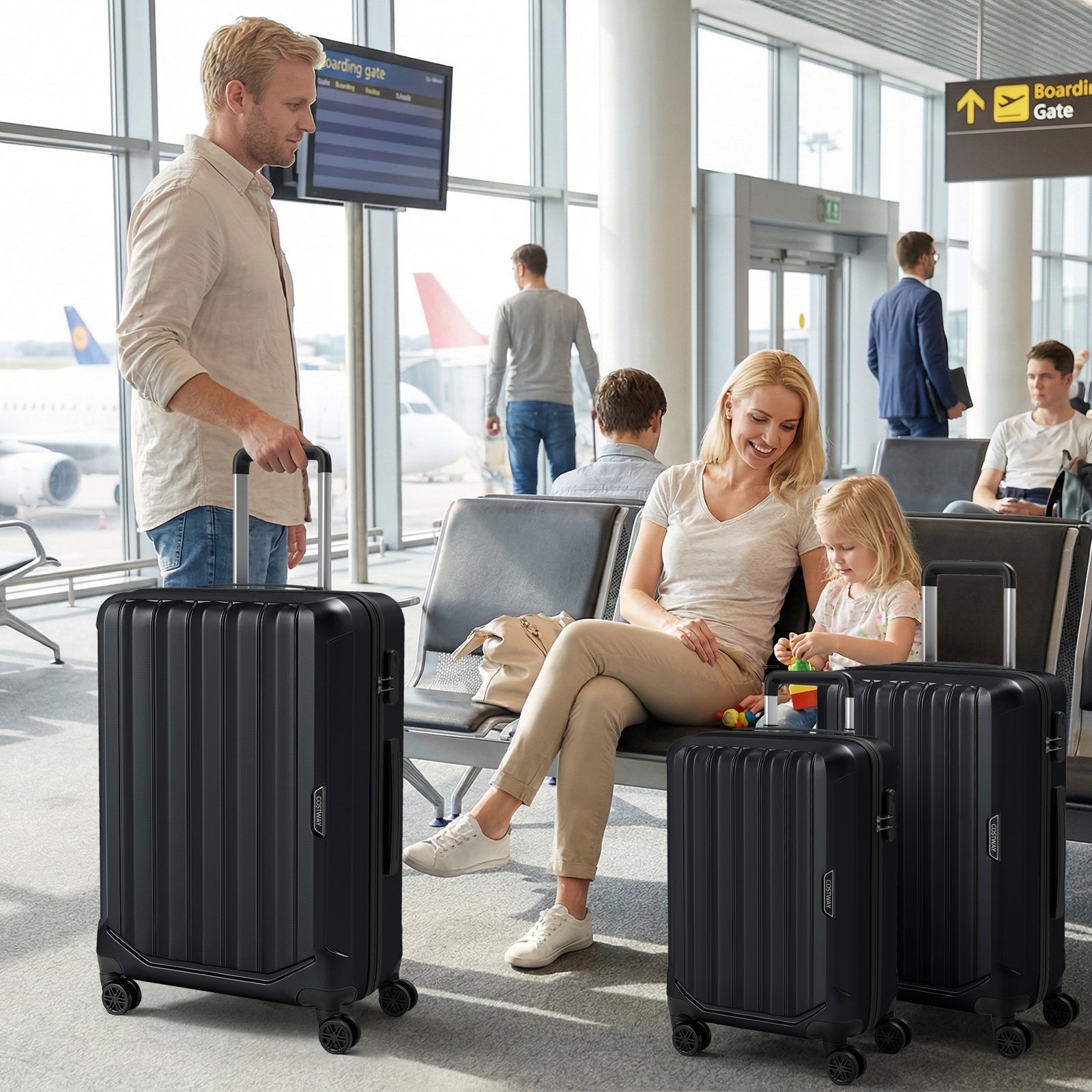 3-Piece Hardside Luggage Set GemGear (20/24/28 in) black with 3-Digital lock at airport gate on Tampa Home & Garden Store