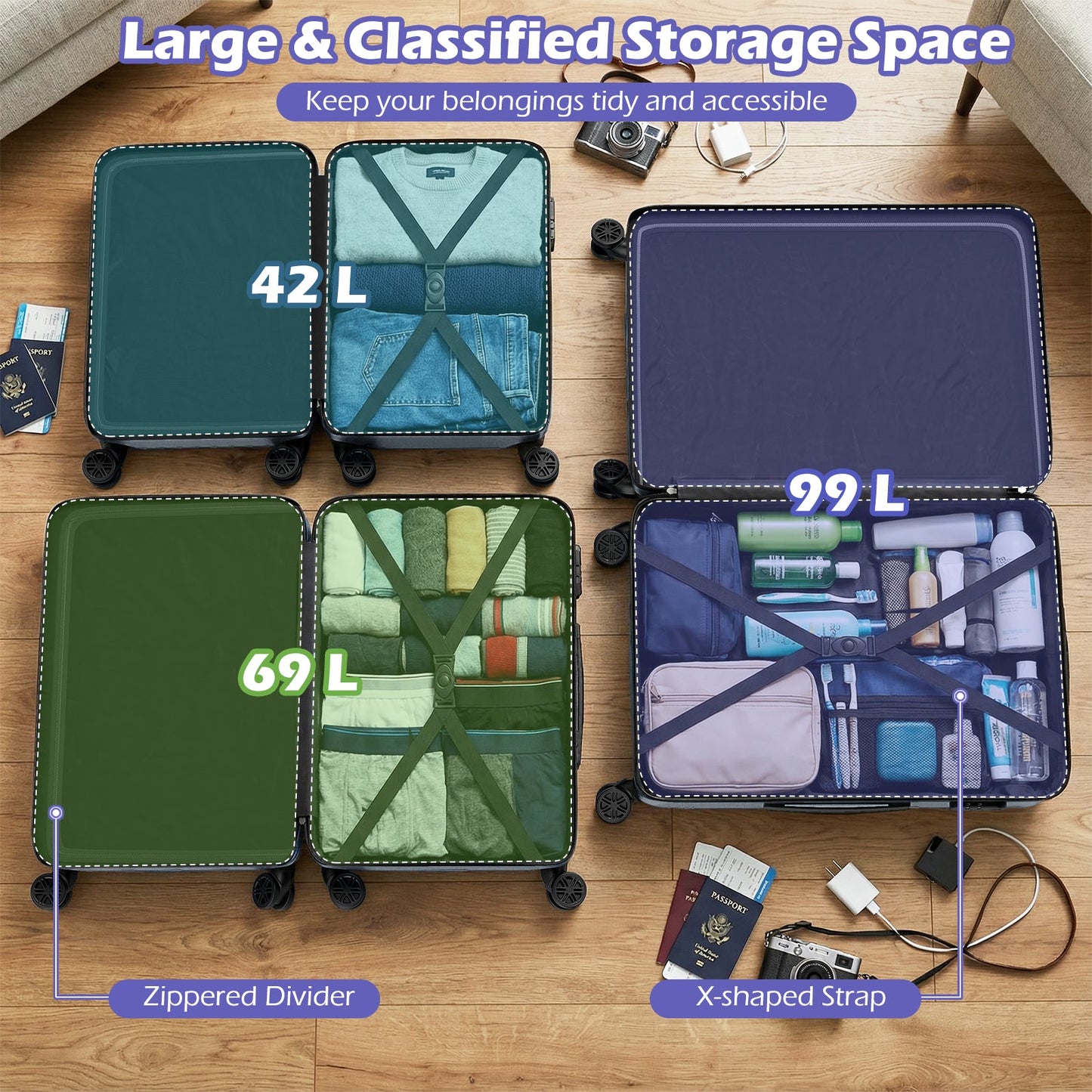 GemGear 3-Piece Hardside Luggage Set 20/24/28 in with 3-Digital Lock, blue teal green shells on Tampa Home & Garden Store
