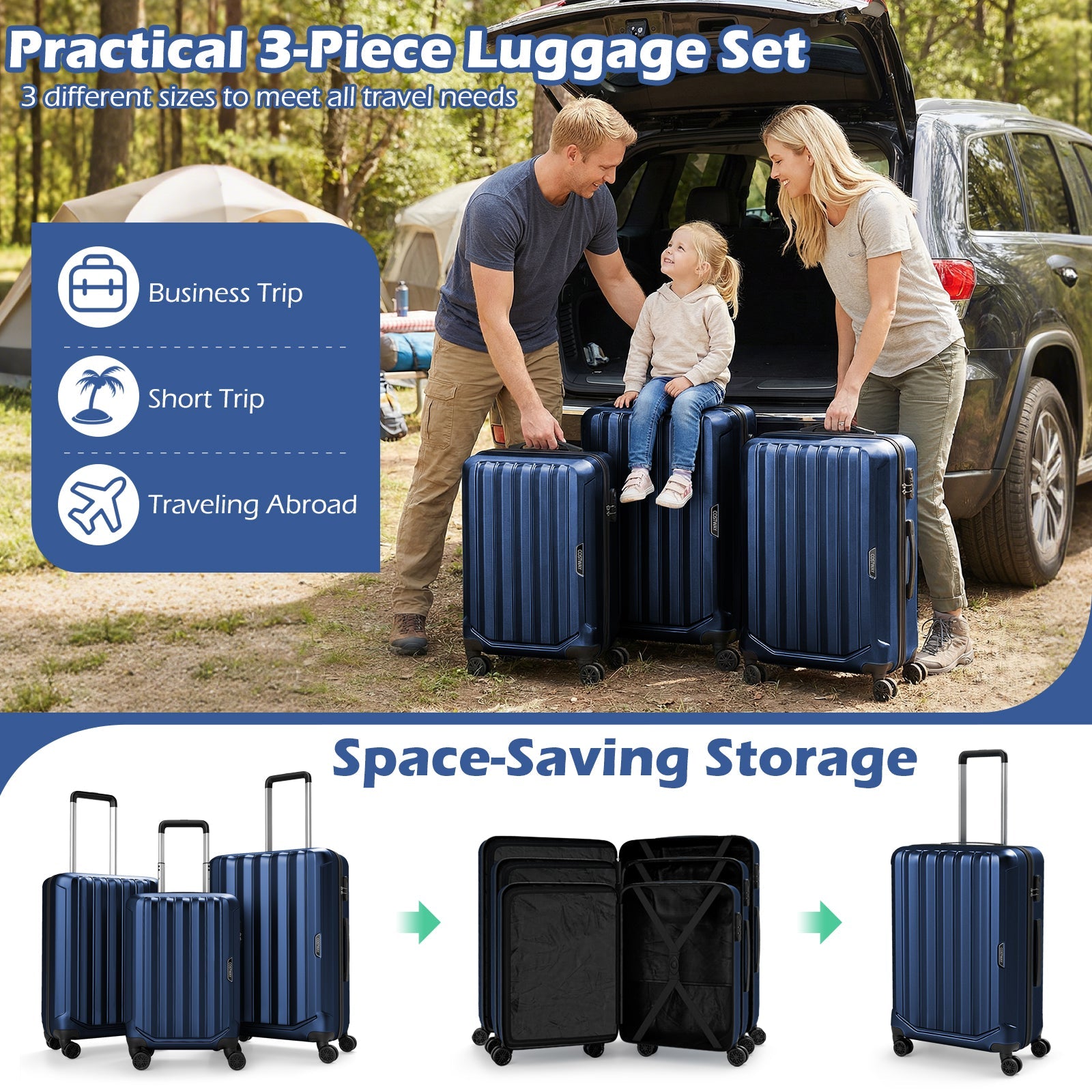 GemGear 3-Piece Hardside Luggage Set in navy blue with 20/24/28in sizes and 3-digital locks on Tampa Home & Garden Store