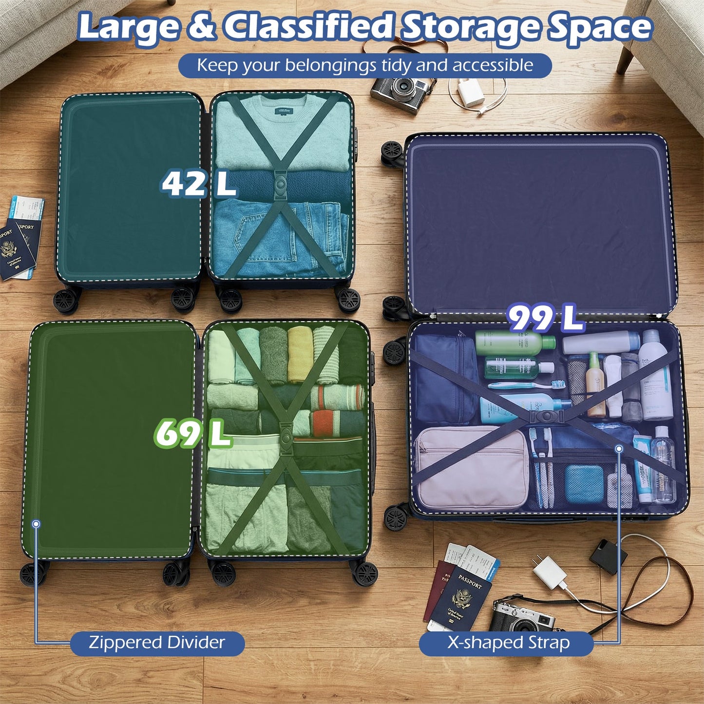 GemGear 3-Piece hardside luggage set 20/24/28 with cross straps and divider teal/navy on Tampa Home & Garden Store