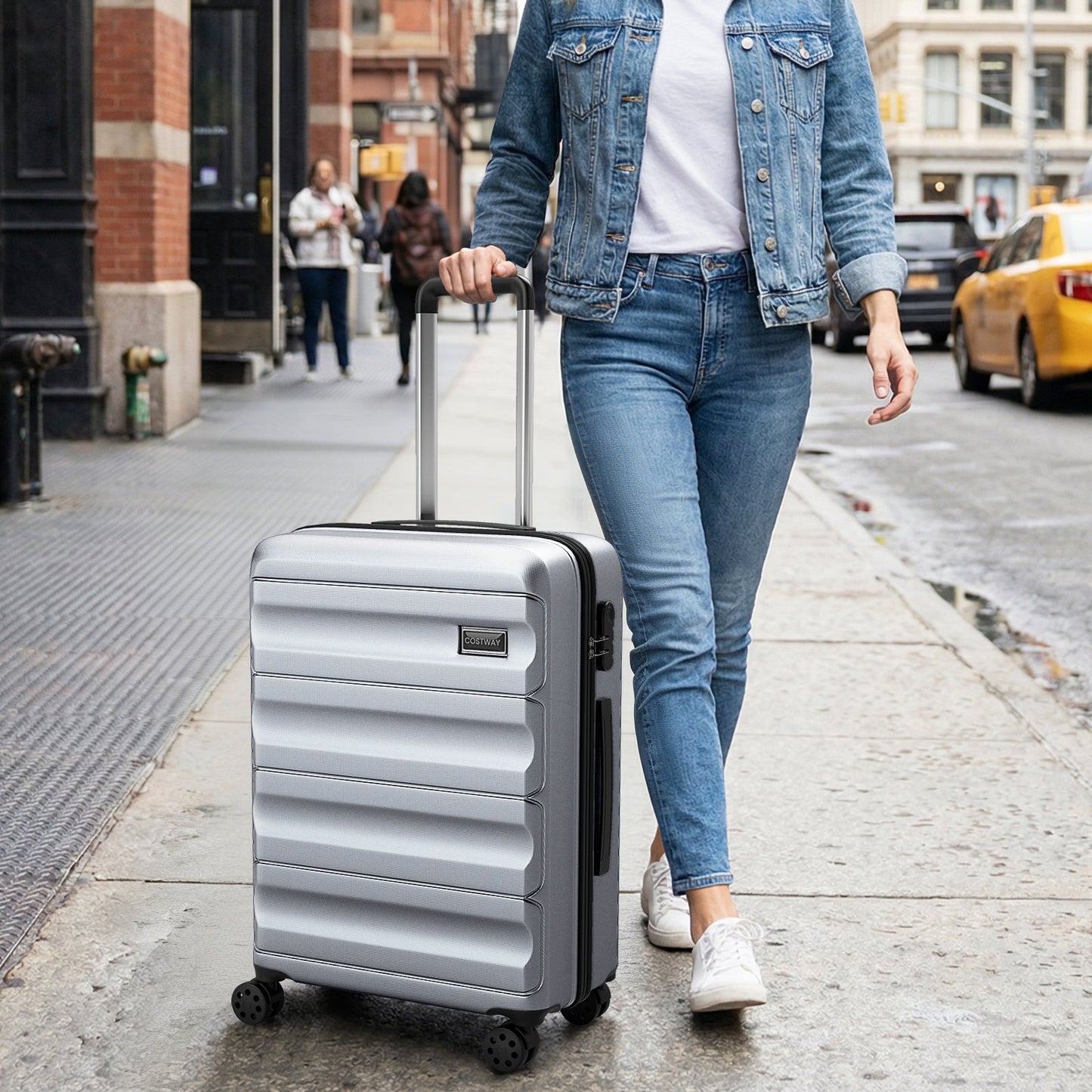3-Piece hardside luggage set in silver with telescoping handle and four spinner wheels Costway label on Tampa Home & Garden Store