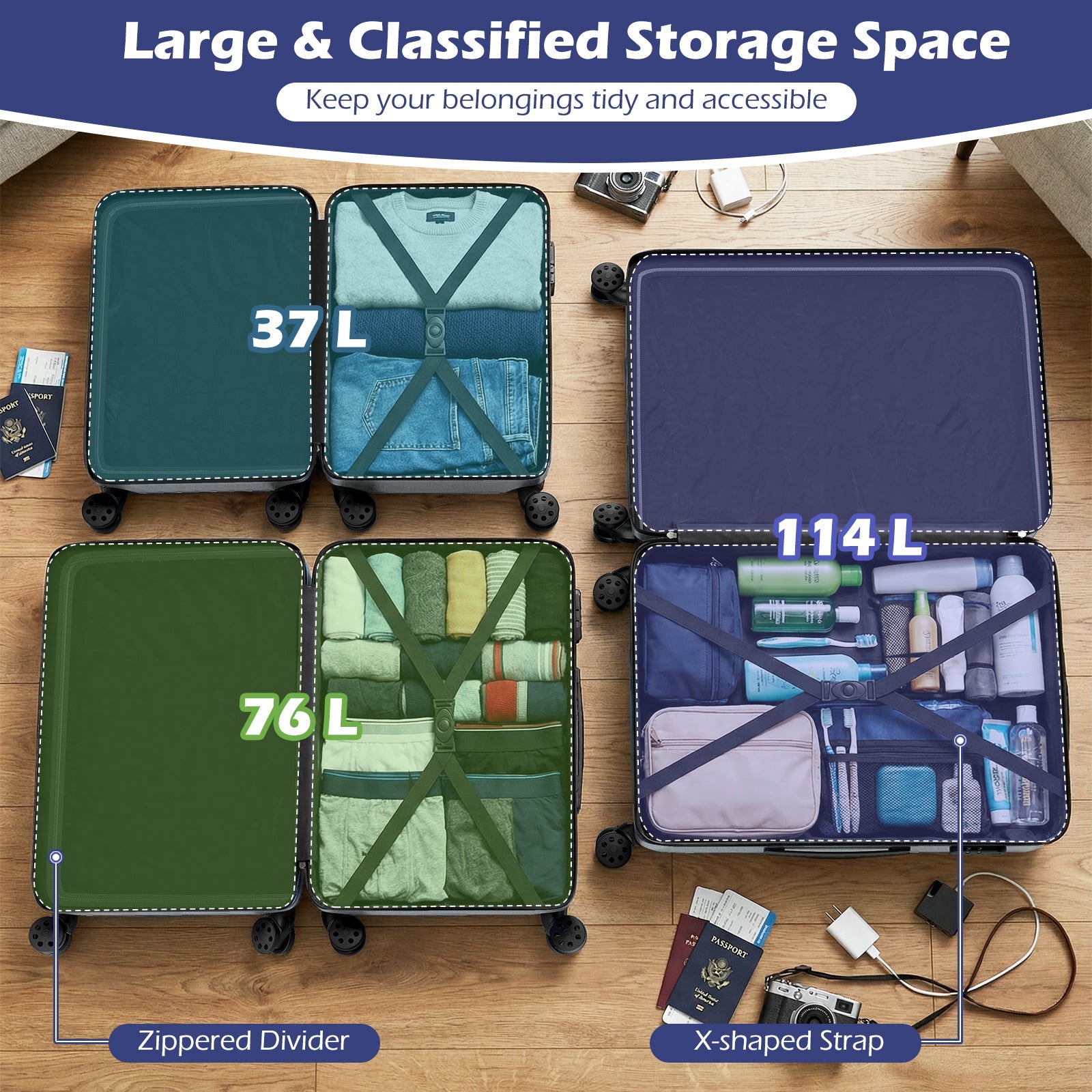 GemGear 3-piece hardside luggage set open to show packed clothes and straps, 37L 114L 76L on Tampa Home & Garden Store