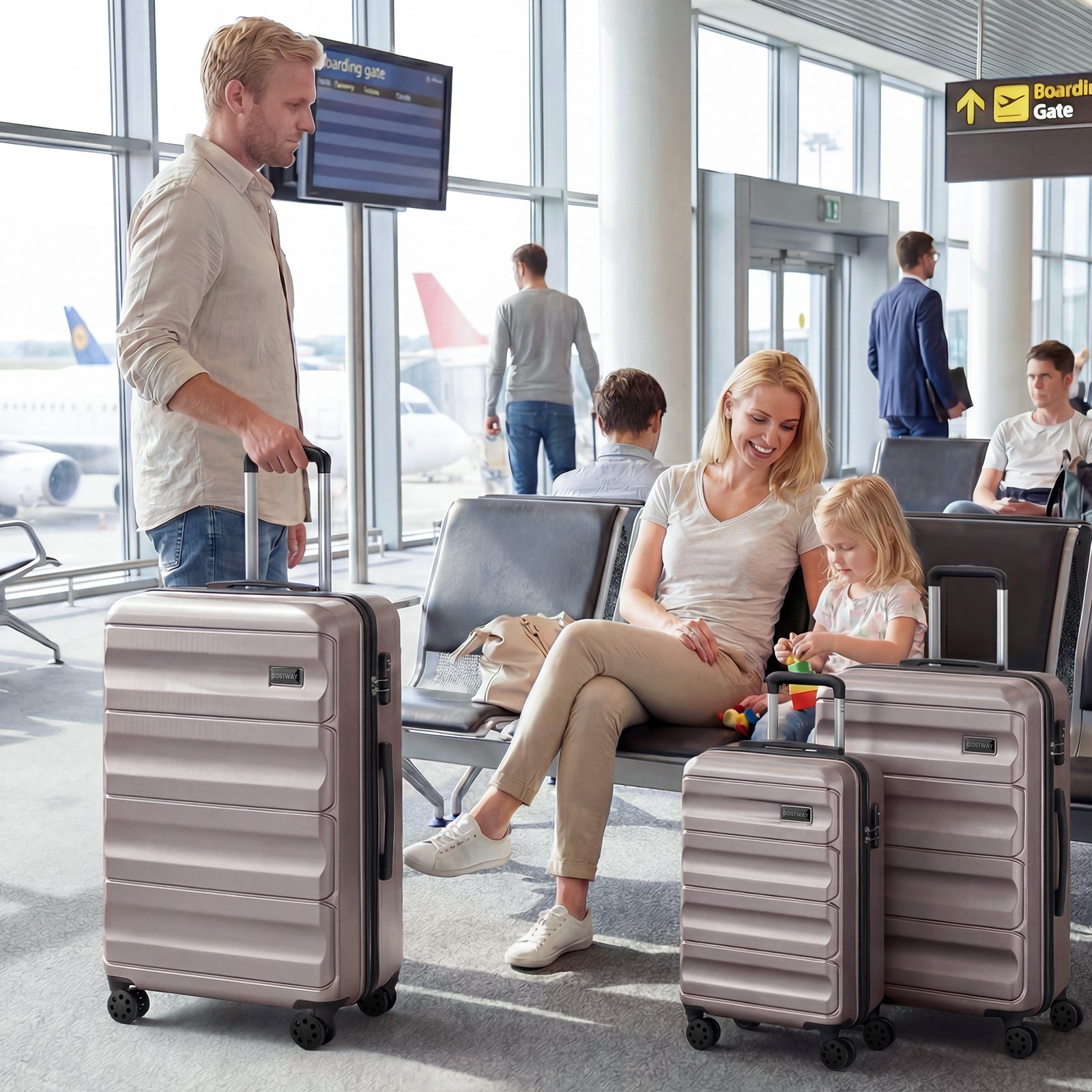 GemGear 3-Piece hardside luggage set metallic silver 20/24/28 inch suitcases at airport on Tampa Home & Garden Store