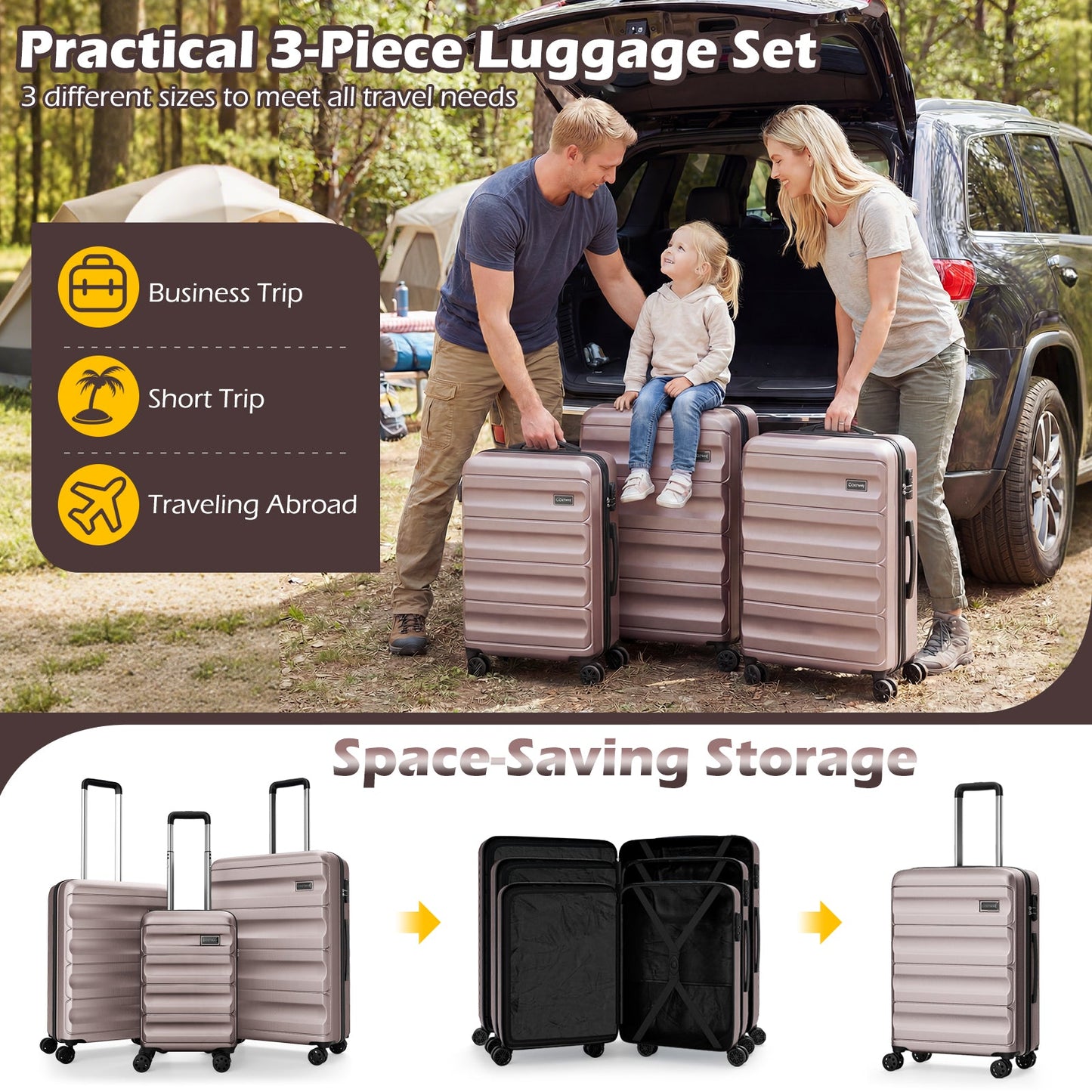 GemGear 3-Piece Hardside Luggage Set 20/24/28 rose-gold lightweight suitcases with wheels on Tampa Home & Garden Store