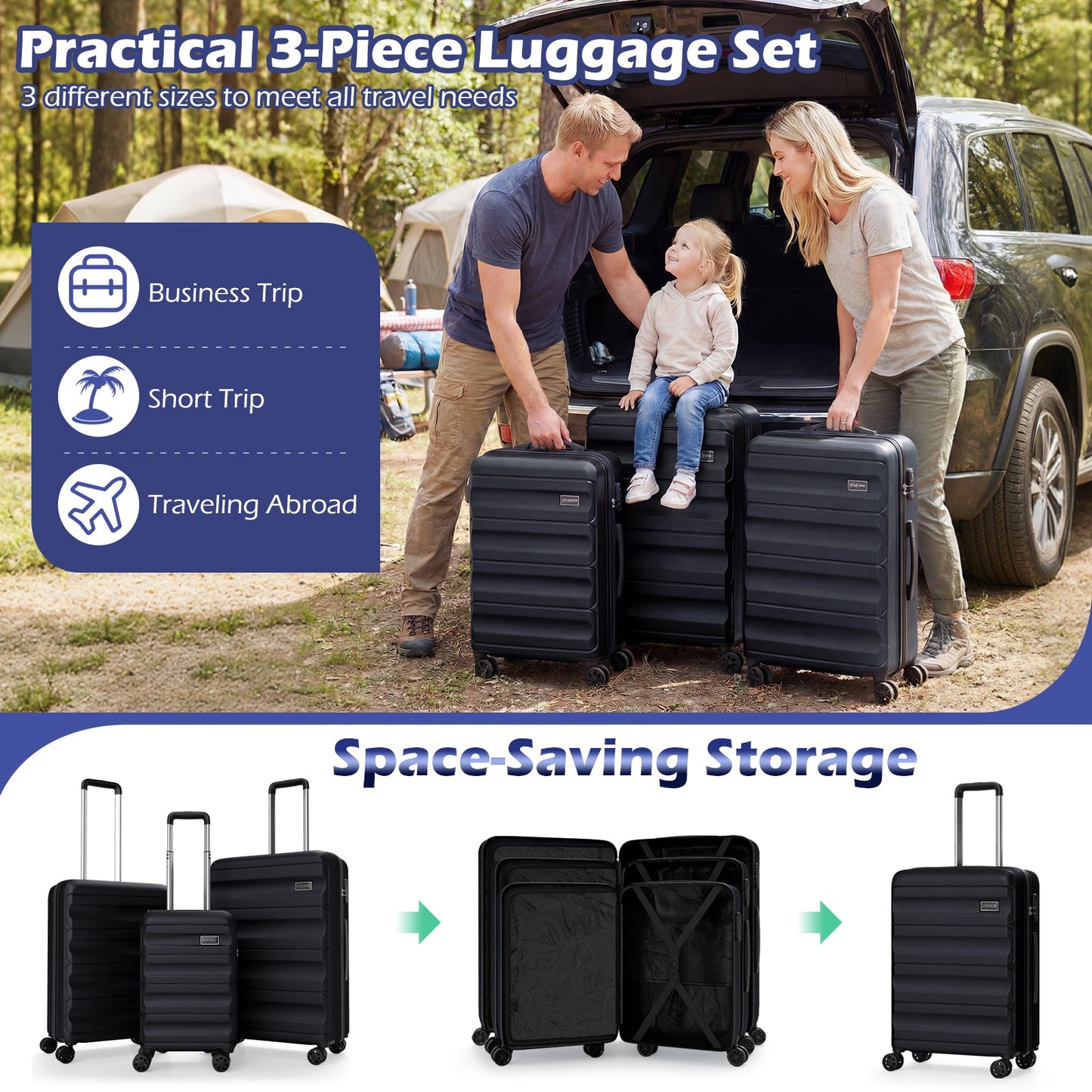 GemGear 3-piece hardside luggage set, black, 20/24/28 in, lightweight with spinner wheels on Tampa Home & Garden Store