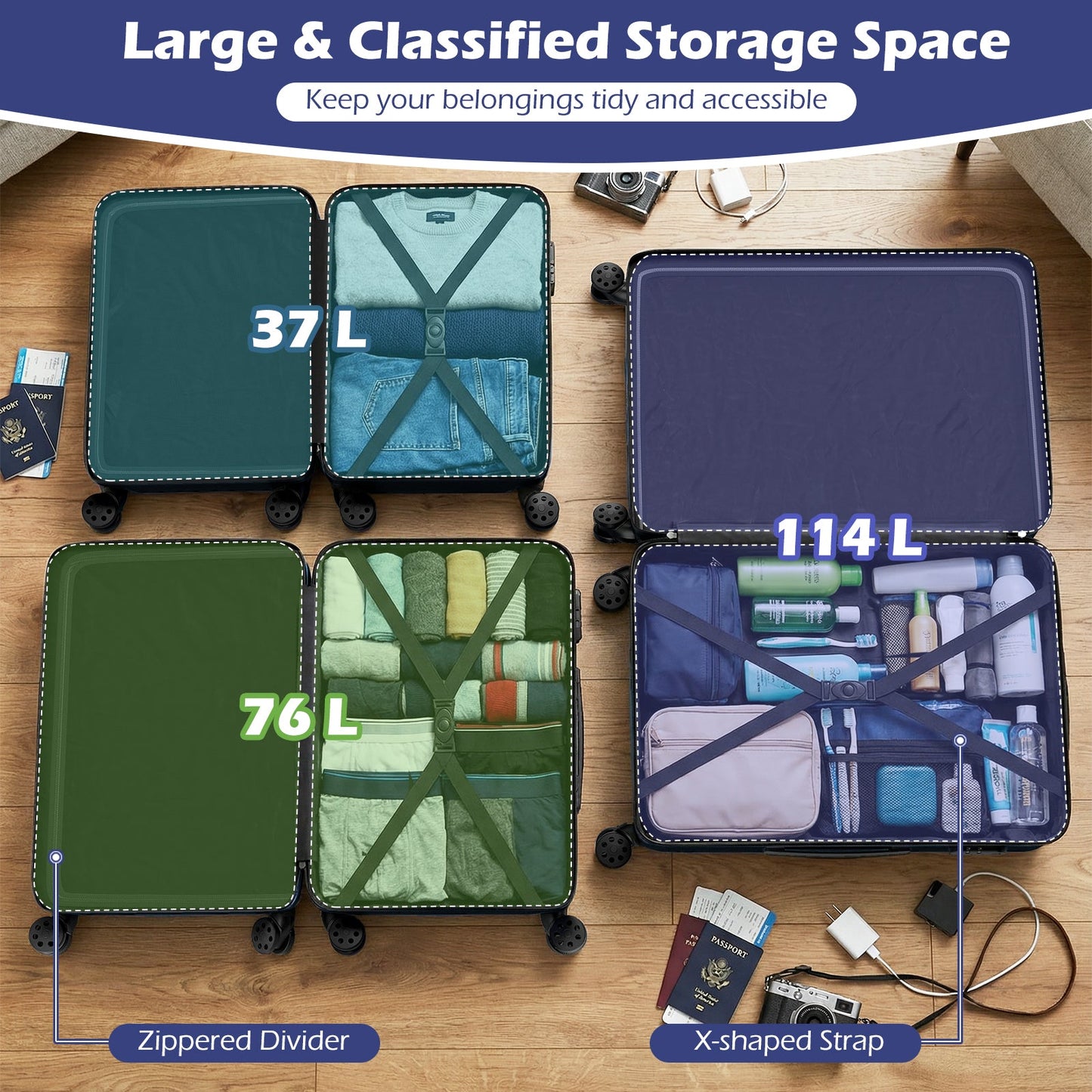 GemGear 3-Piece hardside luggage set in teal, green, blue with 37L, 76L, 114L sizes on Tampa Home & Garden Store