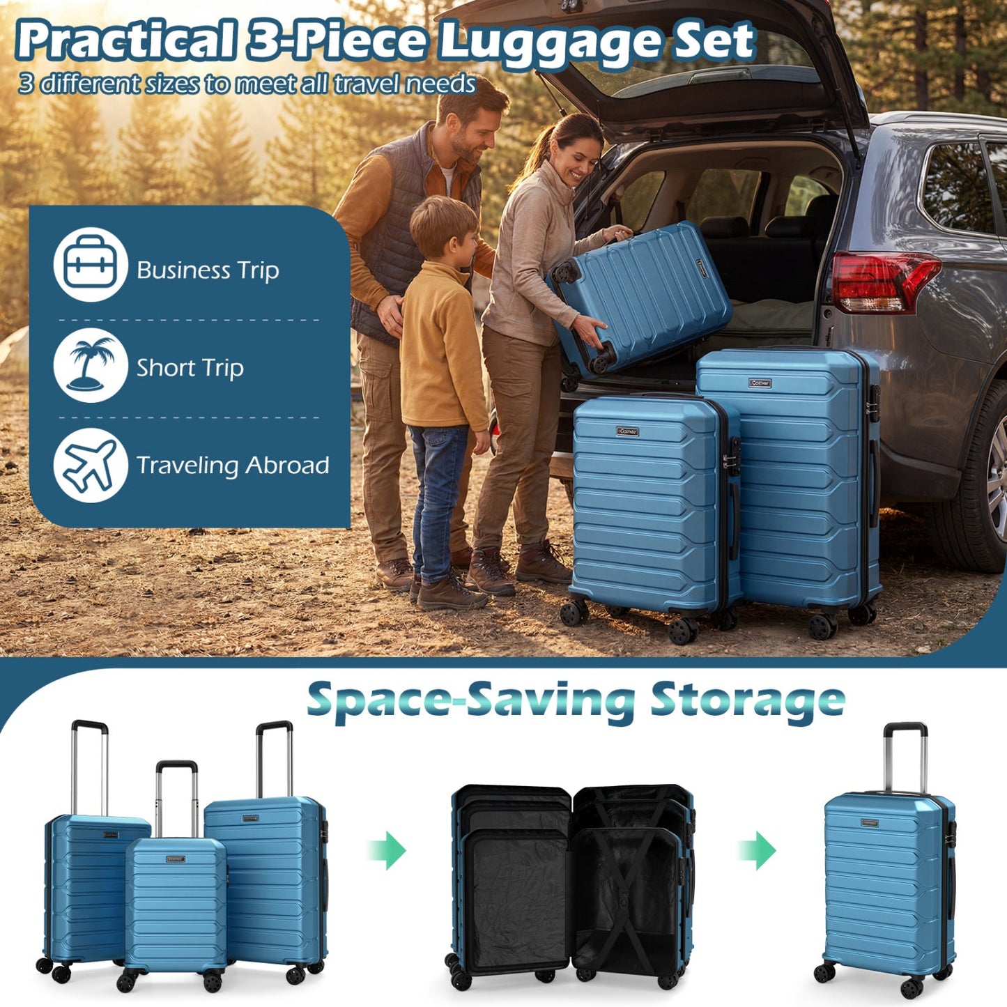 GemGear 3-Piece Hardside Luggage Set blue lightweight suitcases with 8-spinner wheels on Tampa Home & Garden Store