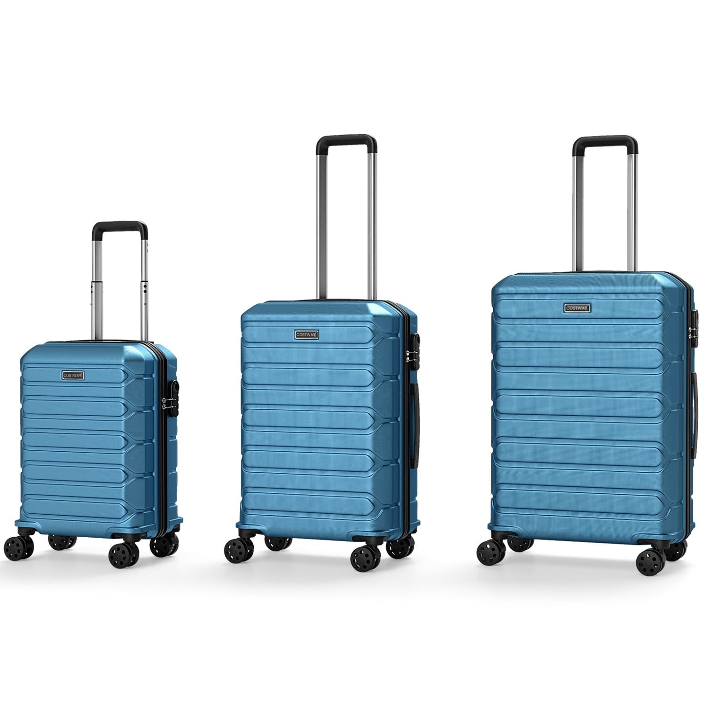 GemGear blue 3-piece hardside luggage set with 8-spinner wheels; small, medium, large uprights on Tampa Home & Garden Store