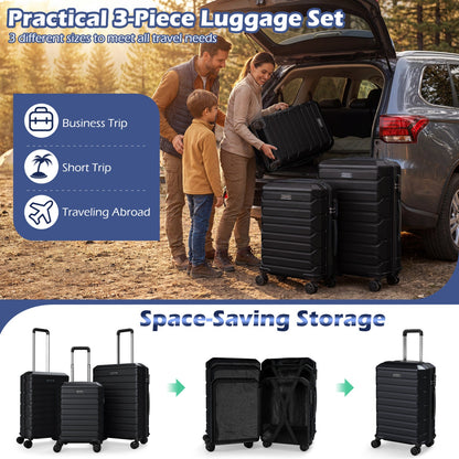 GemGear 3-Piece Hardside Luggage Set lightweight black suitcases with 8-spinner wheels on Tampa Home & Garden Store