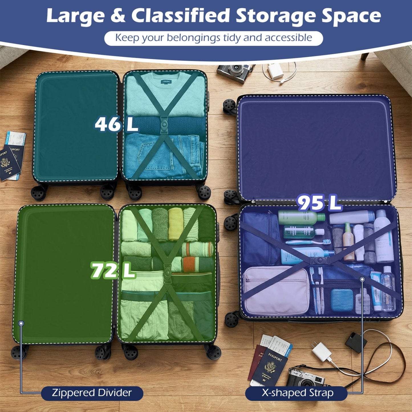 GemGear 3-Piece hardside luggage set with 8-spinner wheels in teal 46L, green 72L, blue 95L on Tampa Home & Garden Store