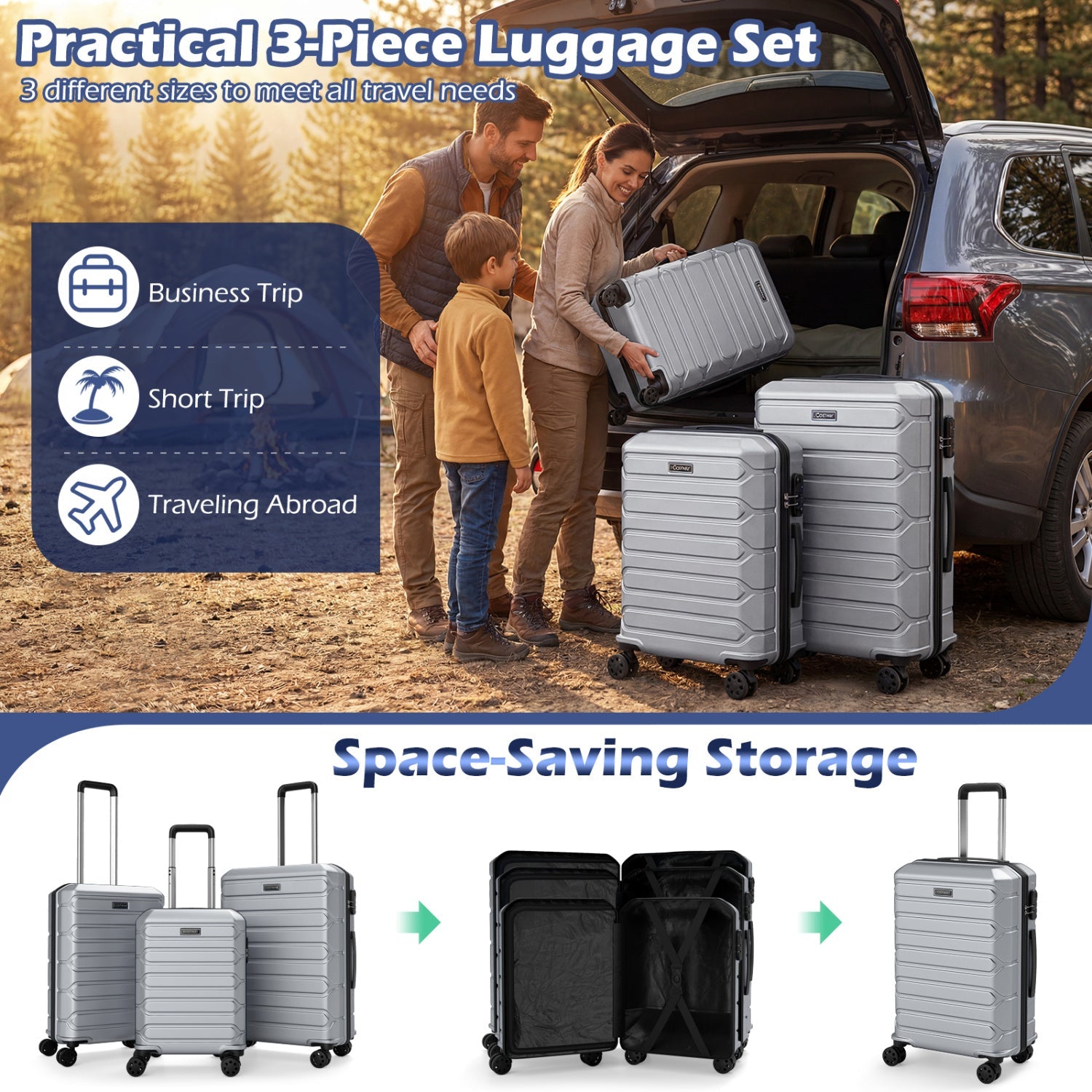 GemGear 3-Piece Hardside Luggage Set with 8-Spinner Wheels in silver; 3 size options on Tampa Home & Garden Store
