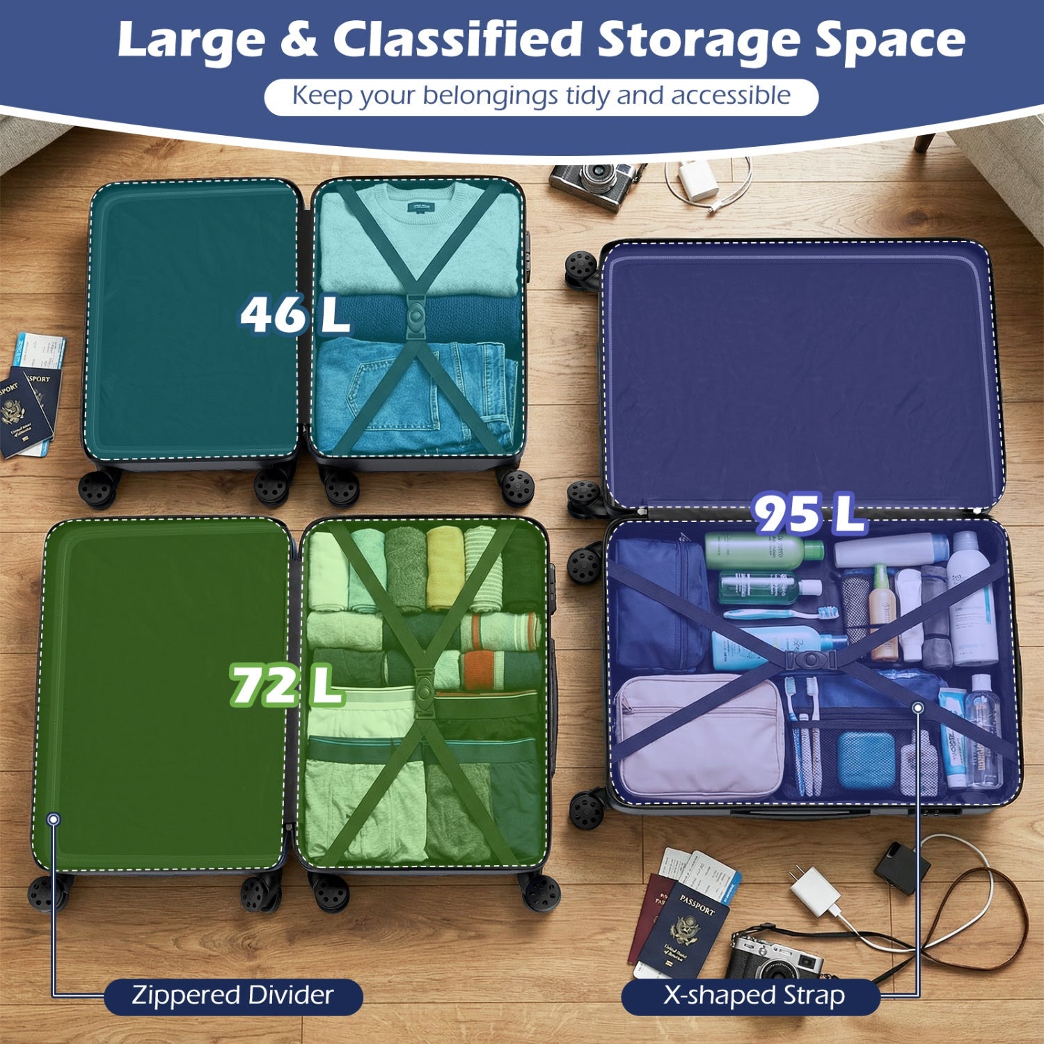 GemGear 3-Piece Hardside Luggage Set with 8-spinner wheels 46L teal, 72L green, 95L blue on Tampa Home & Garden Store