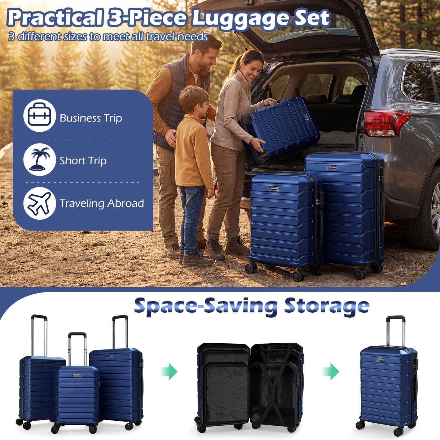 3-Piece blue hardside luggage set by GemGear with 8-spinner wheels on Tampa Home & Garden Store
