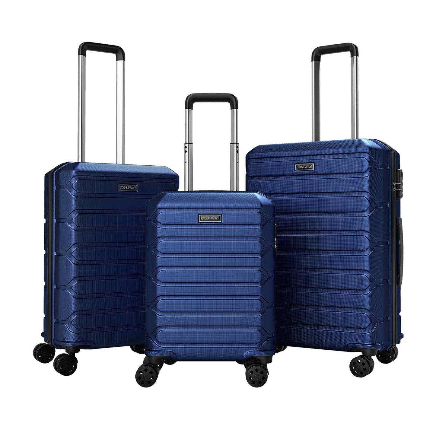 Blue 3-piece hardside luggage set with eight spinner wheels and ribbed shells Costway branding on Tampa Home & Garden Store
