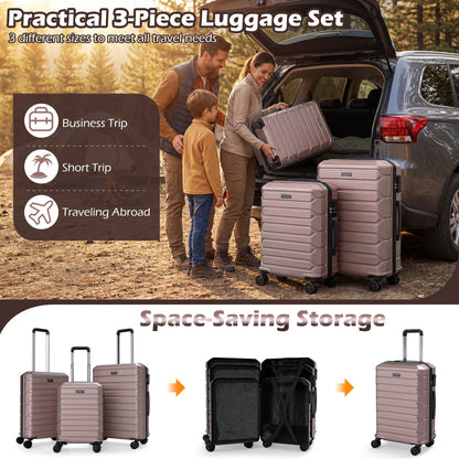 GemGear 3-piece hardside luggage set in blush pink with 8-spinner wheels shown with a family loading suitcases into SUV on Tampa Home & Garden Store