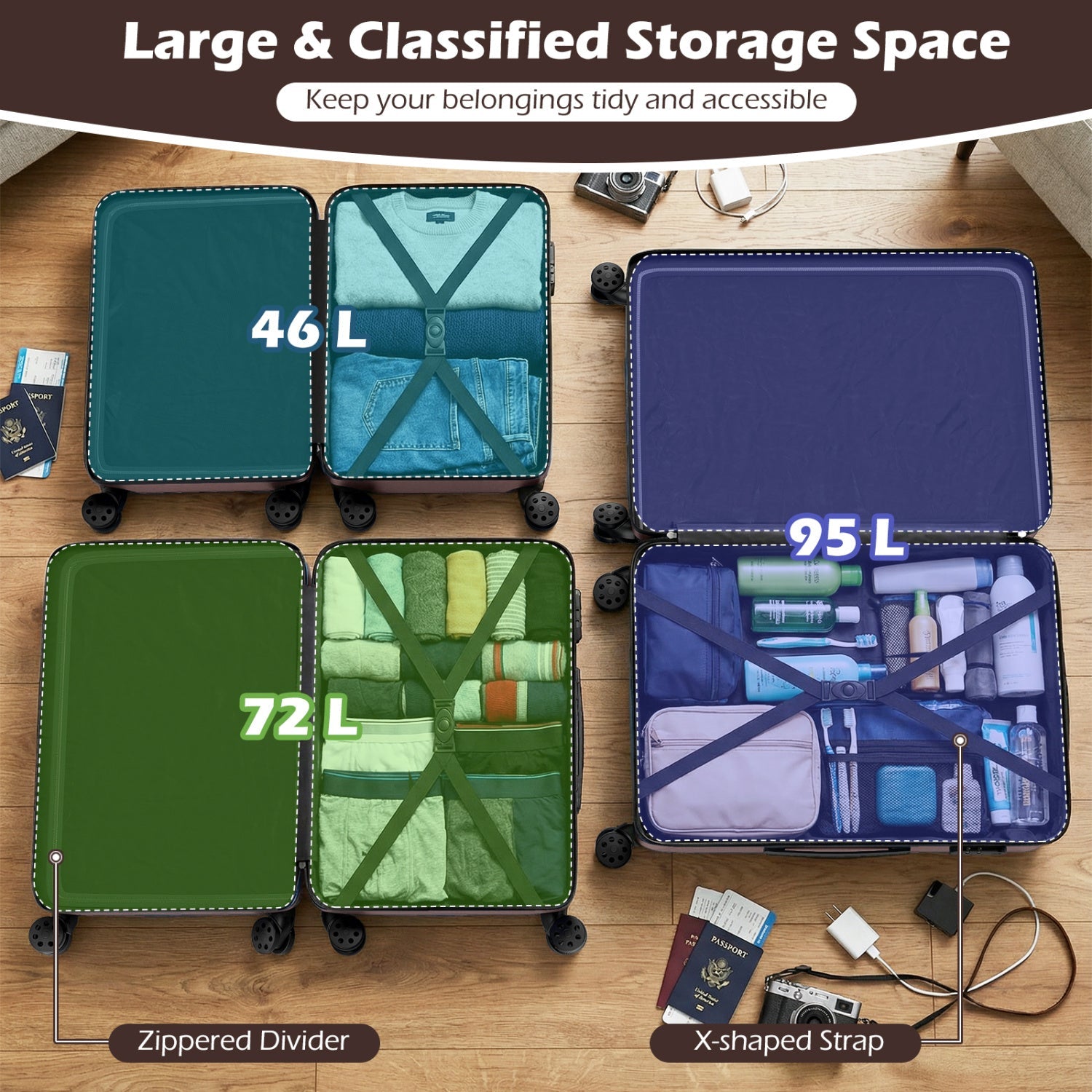 GemGear 3-piece hardside luggage set with 8-spinner wheels: 46L teal, 72L green, 95L blue on Tampa Home & Garden Store