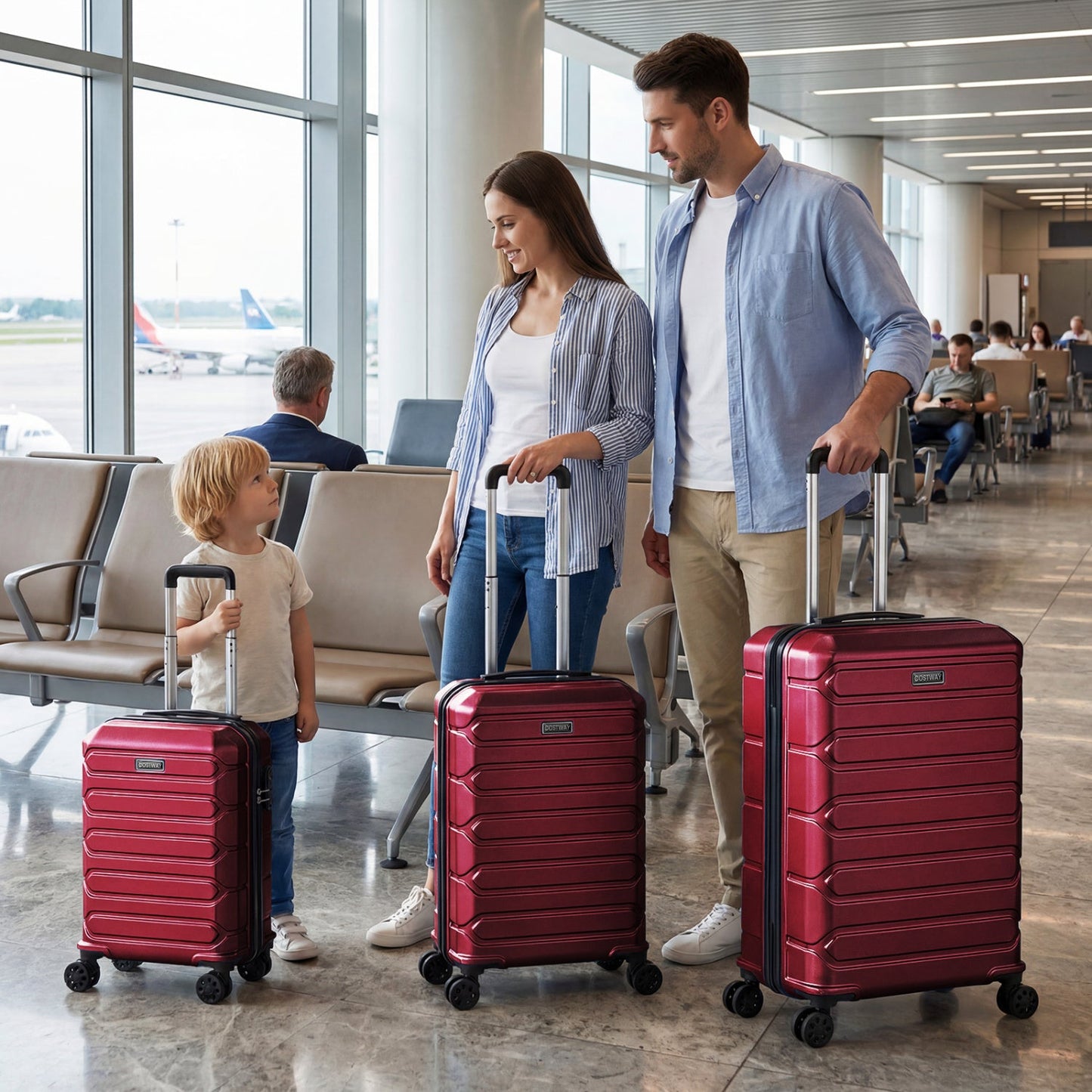 GemGear 3-Piece Hardside Luggage Set in red with 8-spinner wheels shown with family at airport on Tampa Home & Garden Store
