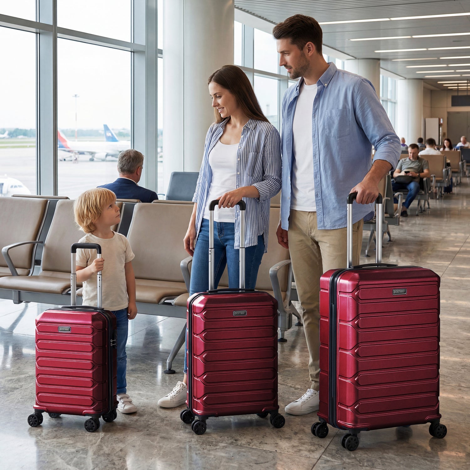 GemGear 3-Piece Hardside Luggage Set in red with 8-spinner wheels shown with family at airport on Tampa Home & Garden Store