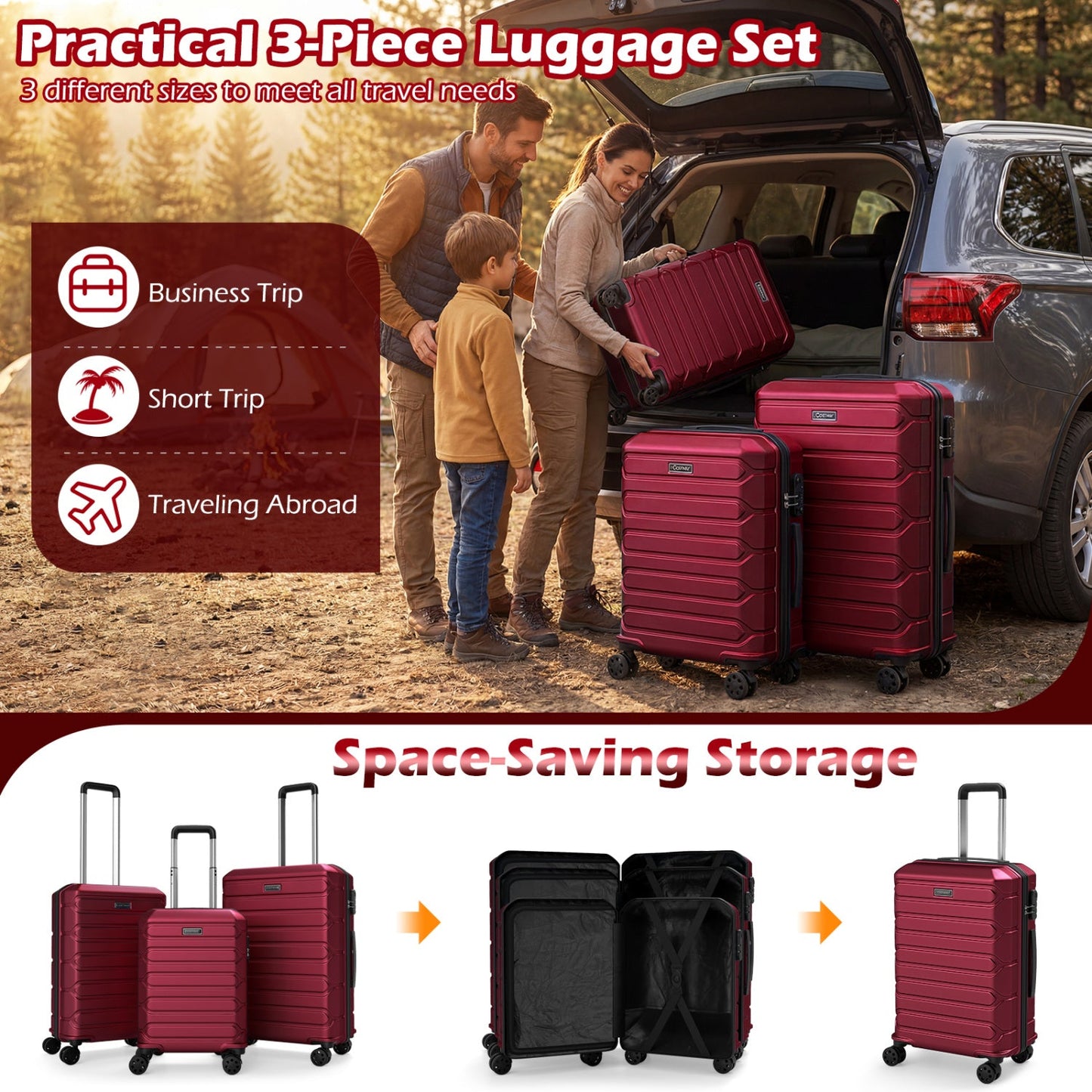 GemGear 3-piece hardside luggage set in burgundy with 8-spinner wheels for travel on Tampa Home & Garden Store