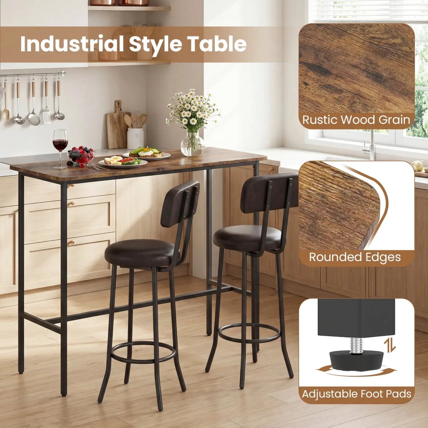 Industrial Bar Table Set With Upholstered Stools