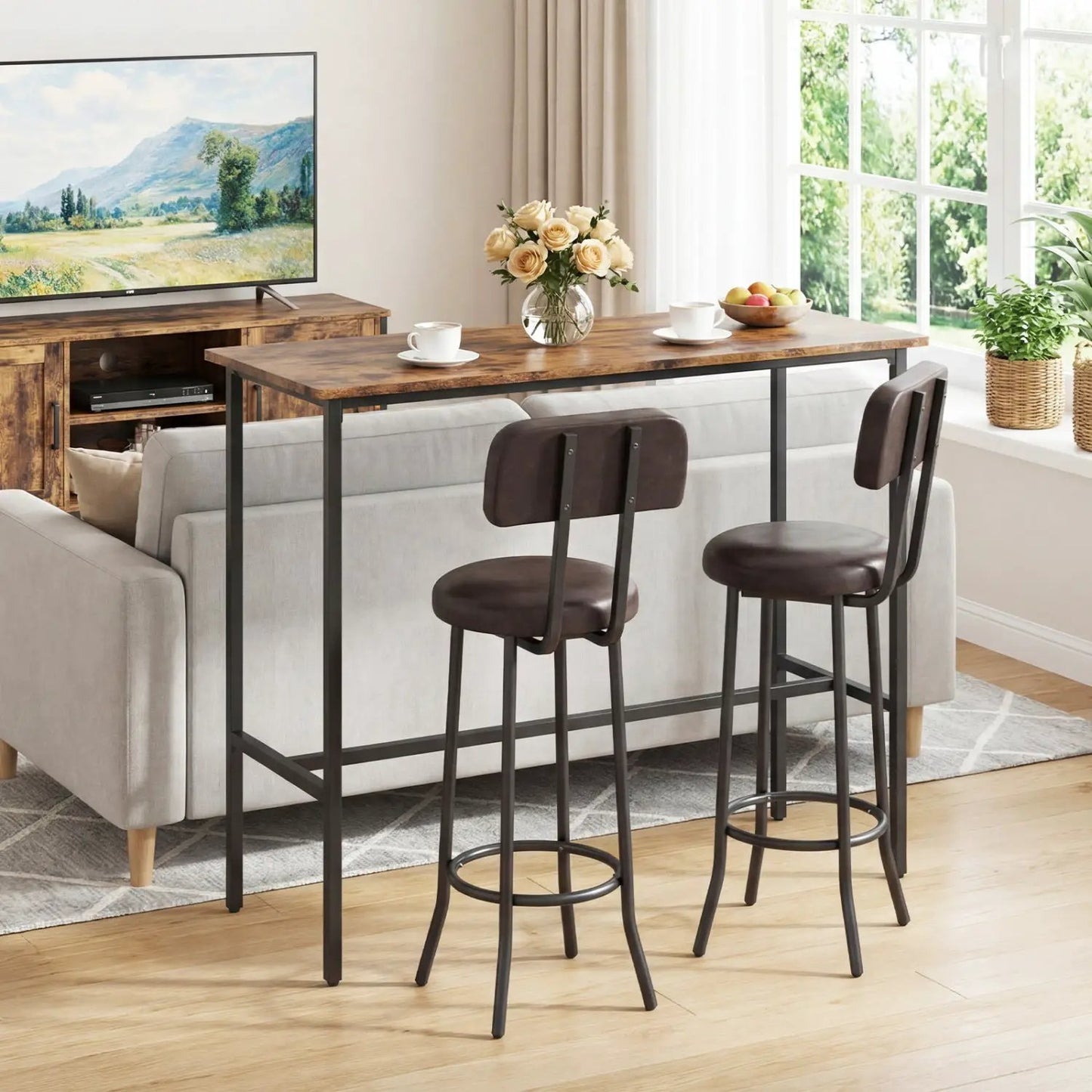 Industrial Bar Table Set With Upholstered Stools