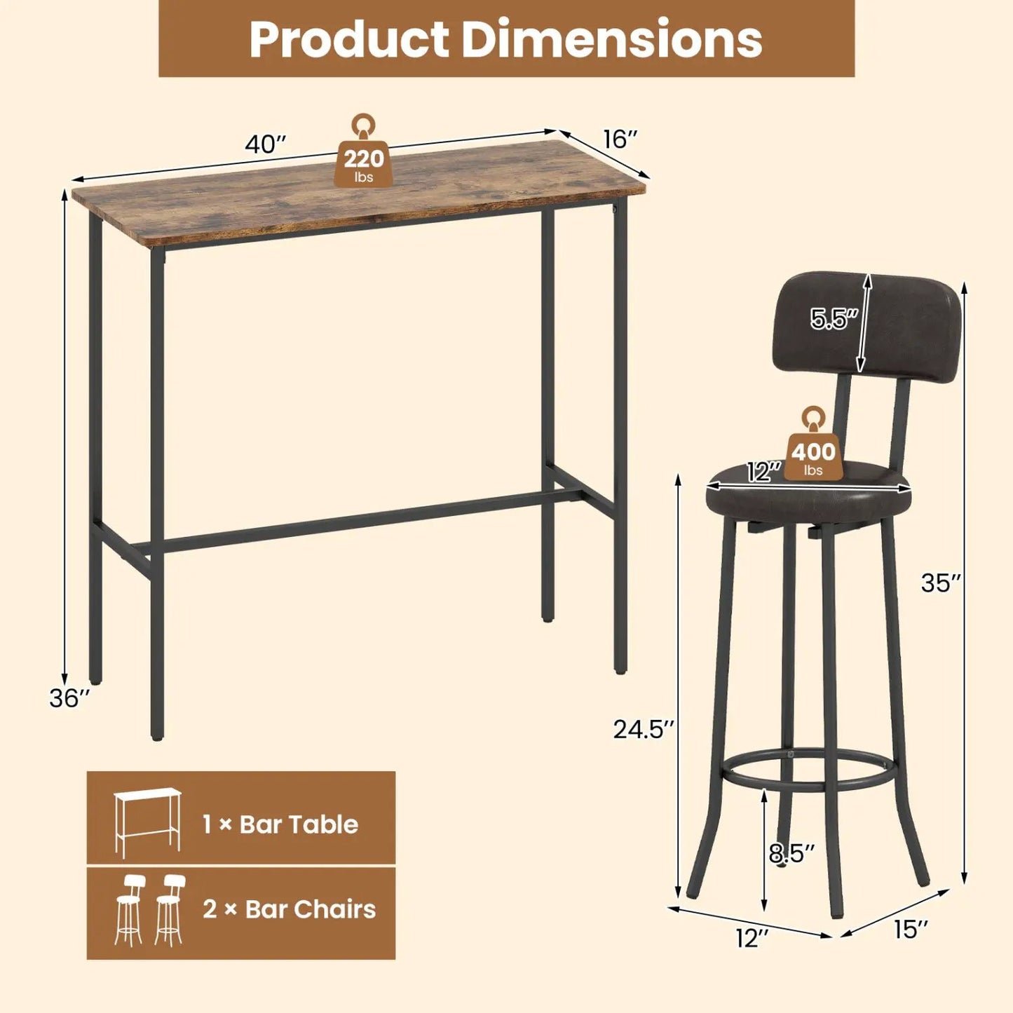 Industrial Bar Table Set With Upholstered Stools