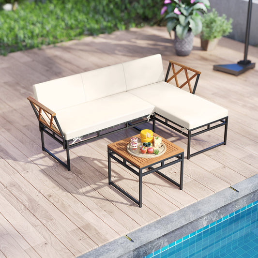 3-Piece L-Shaped Patio Furniture Set for Porch Backyard and Poolside-Beige - Tampa Home & Garden Store