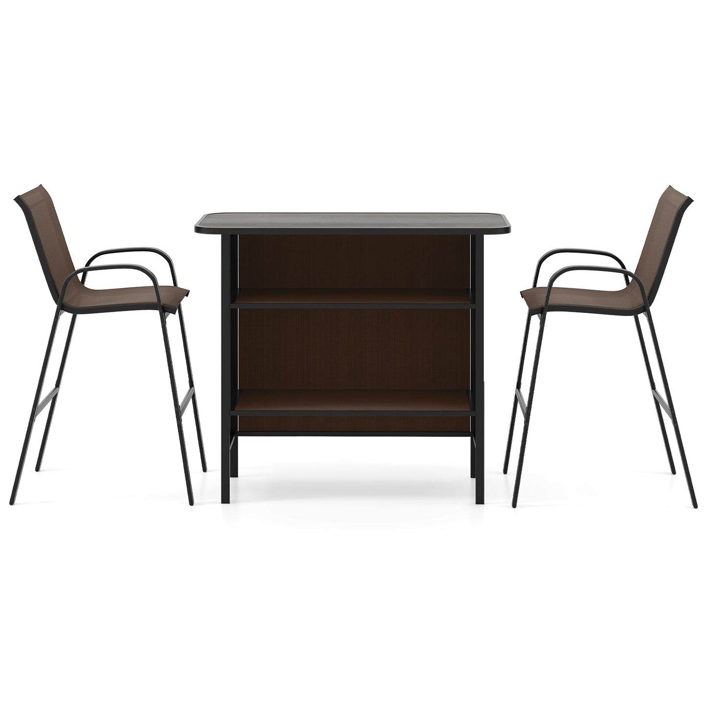 3 Piece Outdoor Bar Set with Footrest and 2-Tier Shelf