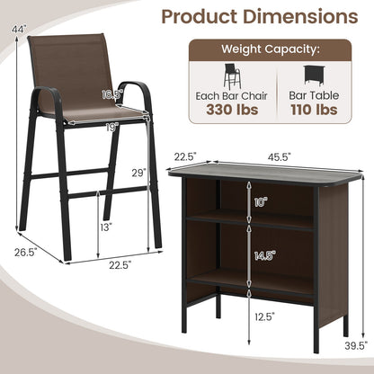 3 Piece Outdoor Bar Set with Footrest and 2-Tier Shelf