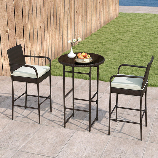 3 Piece Outdoor Bar Set with 2 Seat Cushions for Porch Yard-White - Tampa Home & Garden Store