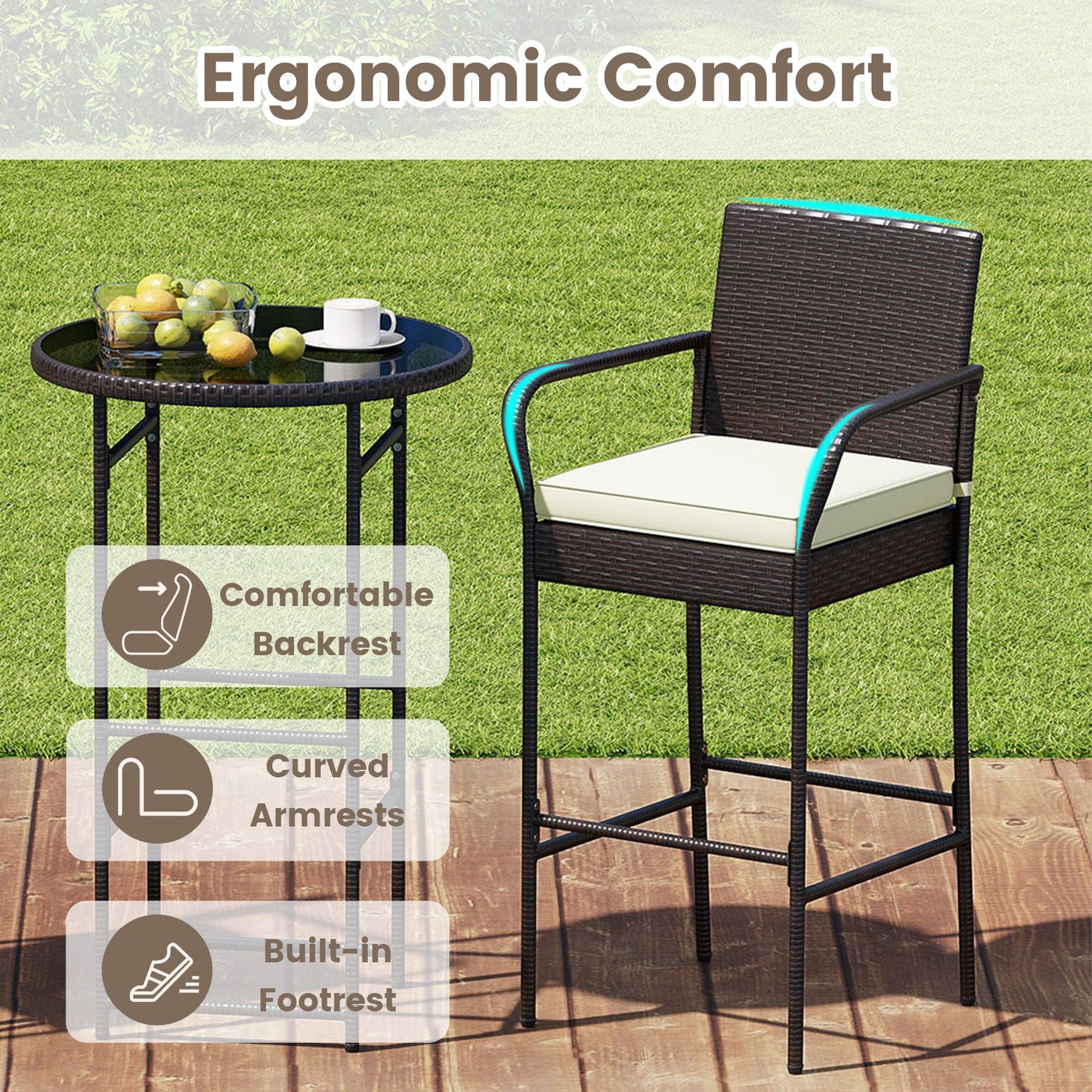 3 Piece Outdoor Bar Set with 2 Seat Cushions for Porch Yard-White