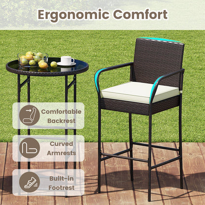 3 Piece Outdoor Bar Set with 2 Seat Cushions for Porch Yard-White