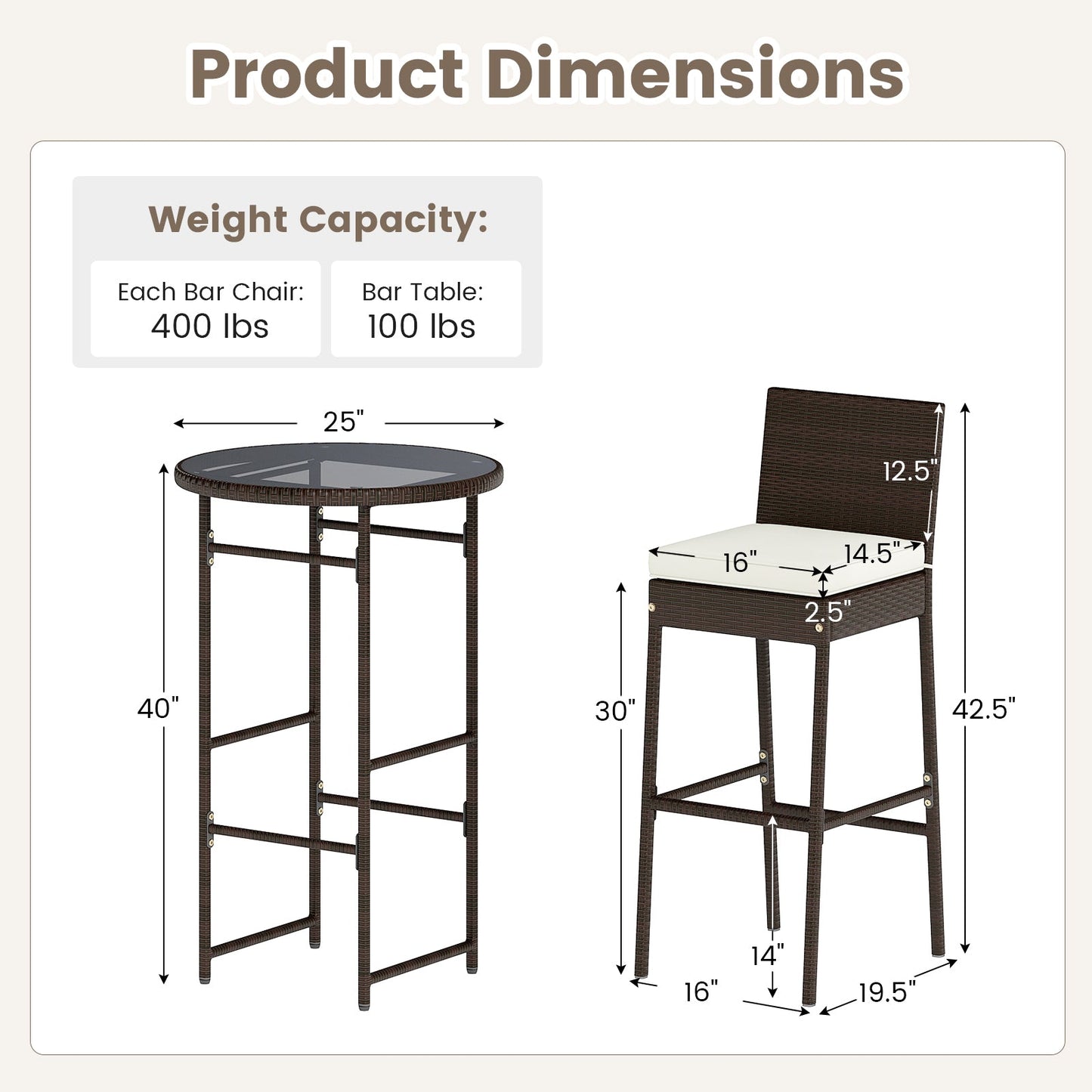 3 Piece Outdoor Bar Set Patio Heavy-Duty Metal Barstool and Table Set-White