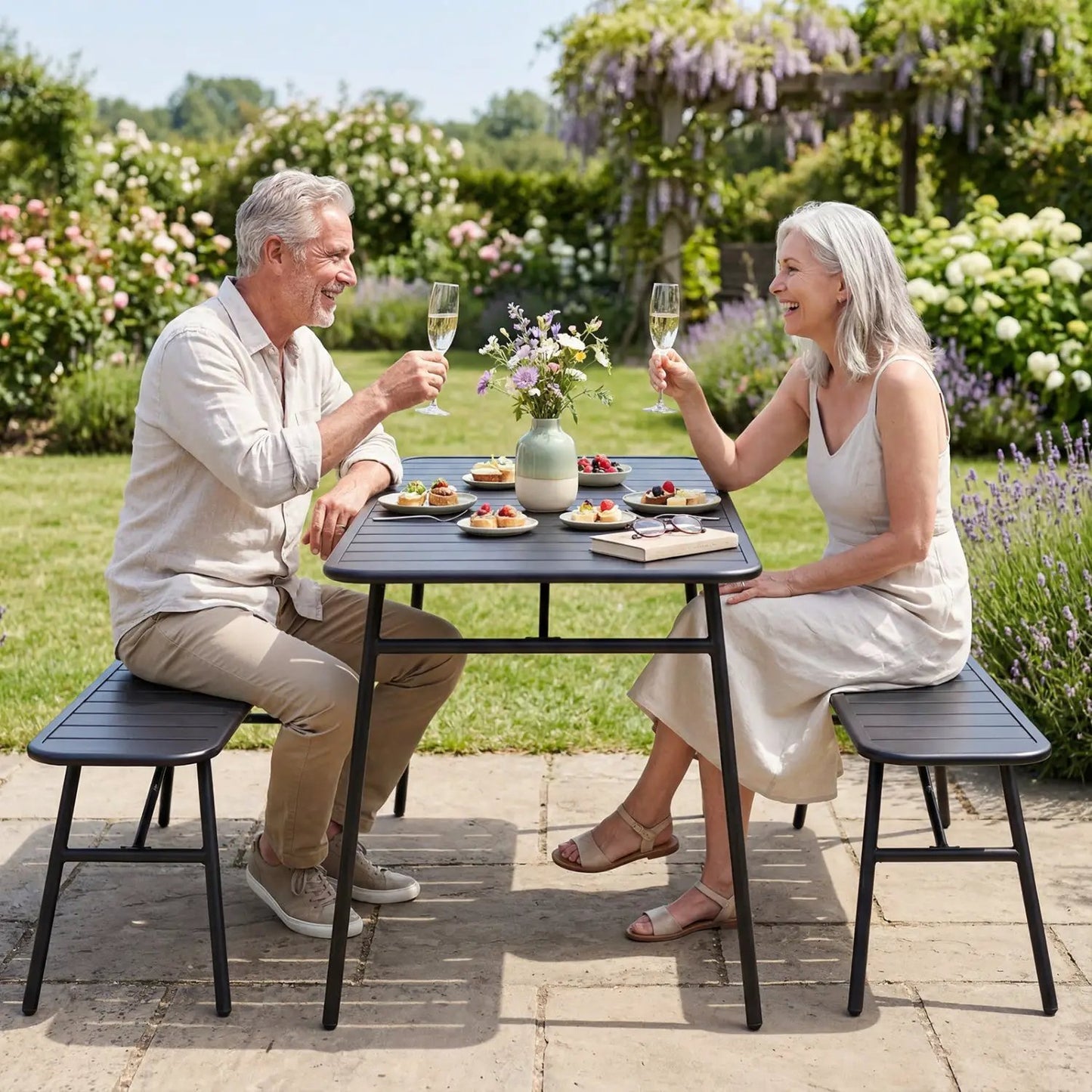 3 Piece Patio Dining Set With Table and Benches