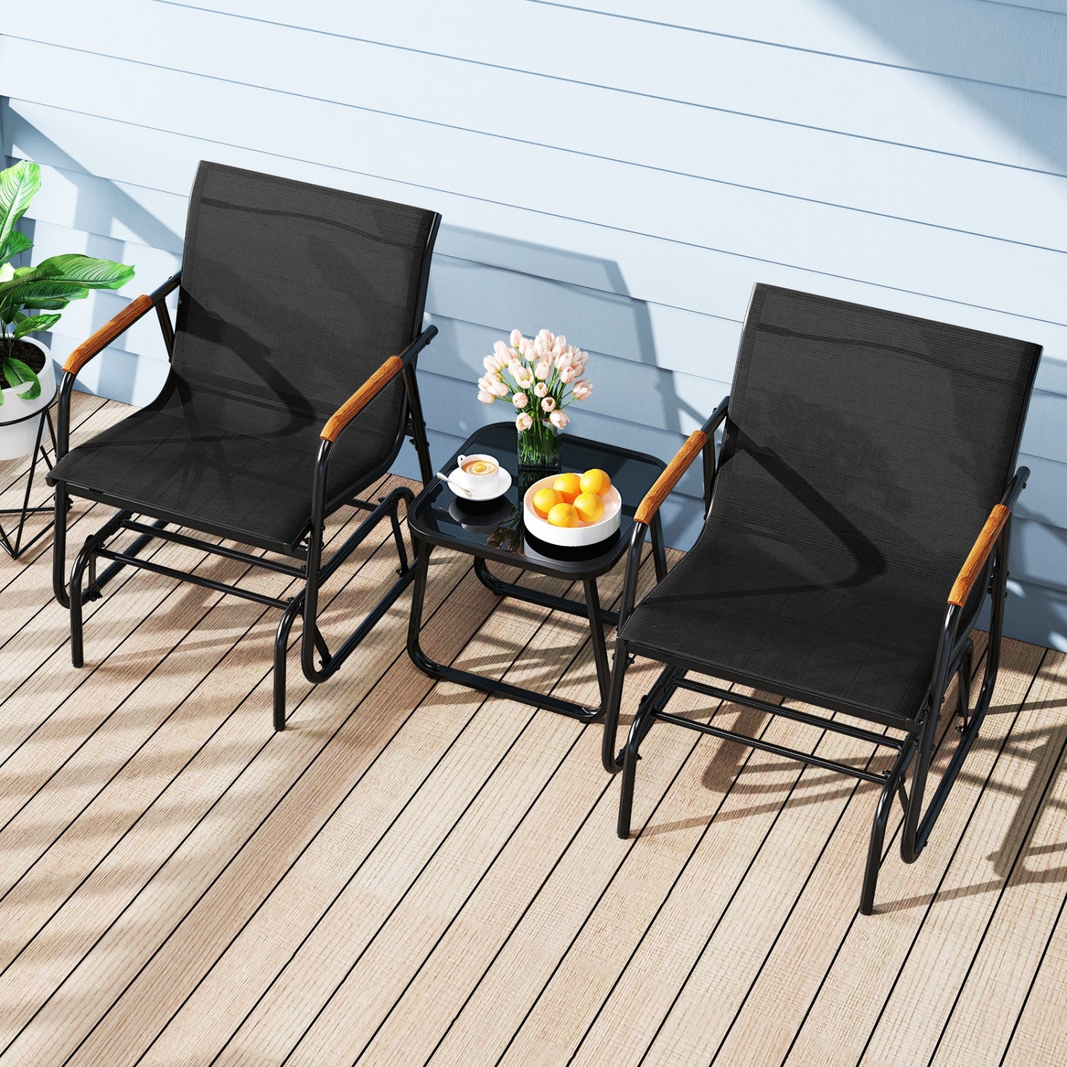 3-piece outdoor glider bistro set with tempered glass table, black mesh chairs and wood armrests on Tampa Home & Garden Store