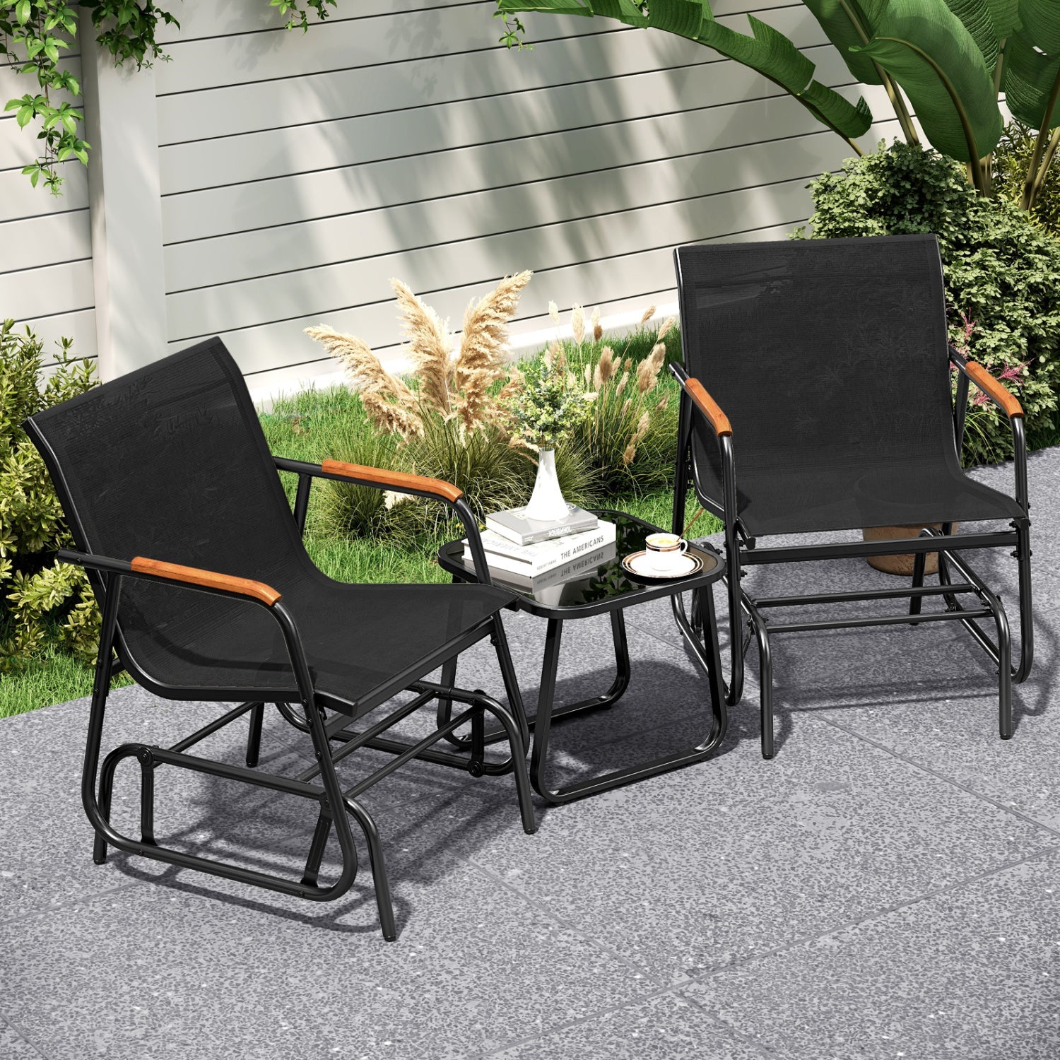 DirectDeals 3-Piece Outdoor Glider Bistro Set: two black chairs with wood armrests and a tempered glass table for the patio on Tampa Home & Garden Store