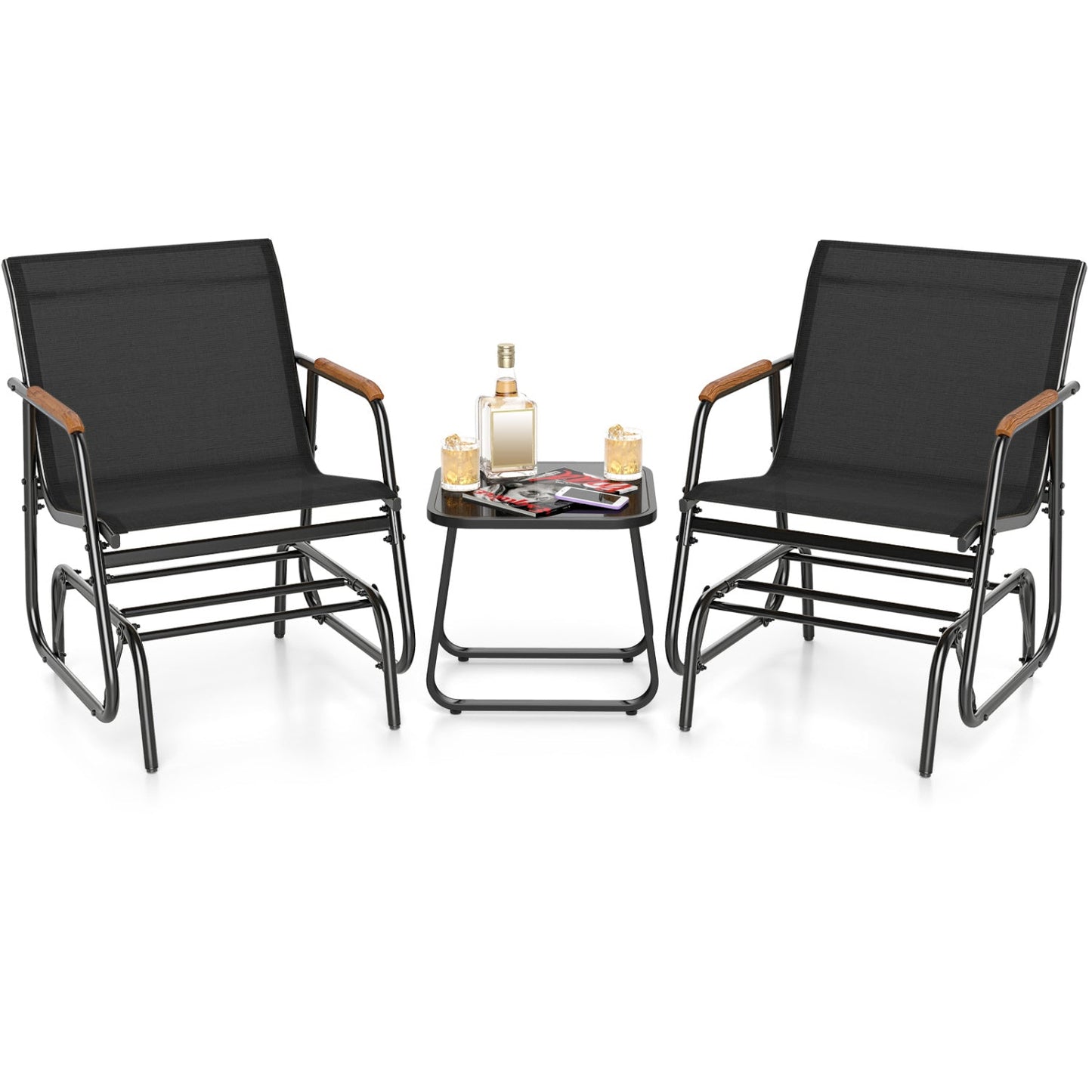 3-Piece Glider Bistro Set with tempered glass table, 2 black mesh chairs by DirectDeals on Tampa Home & Garden Store