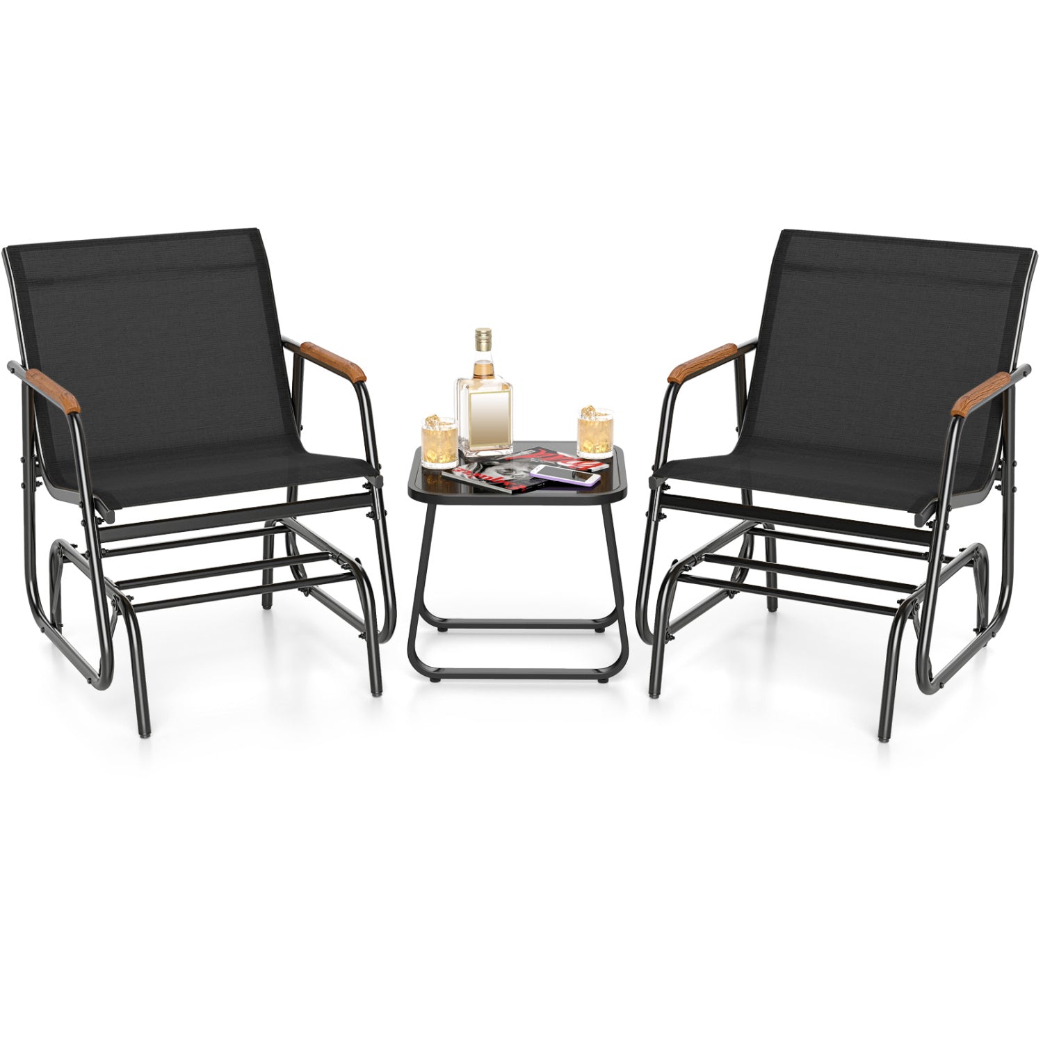 3-Piece Glider Bistro Set with tempered glass table, 2 black mesh chairs by DirectDeals on Tampa Home & Garden Store